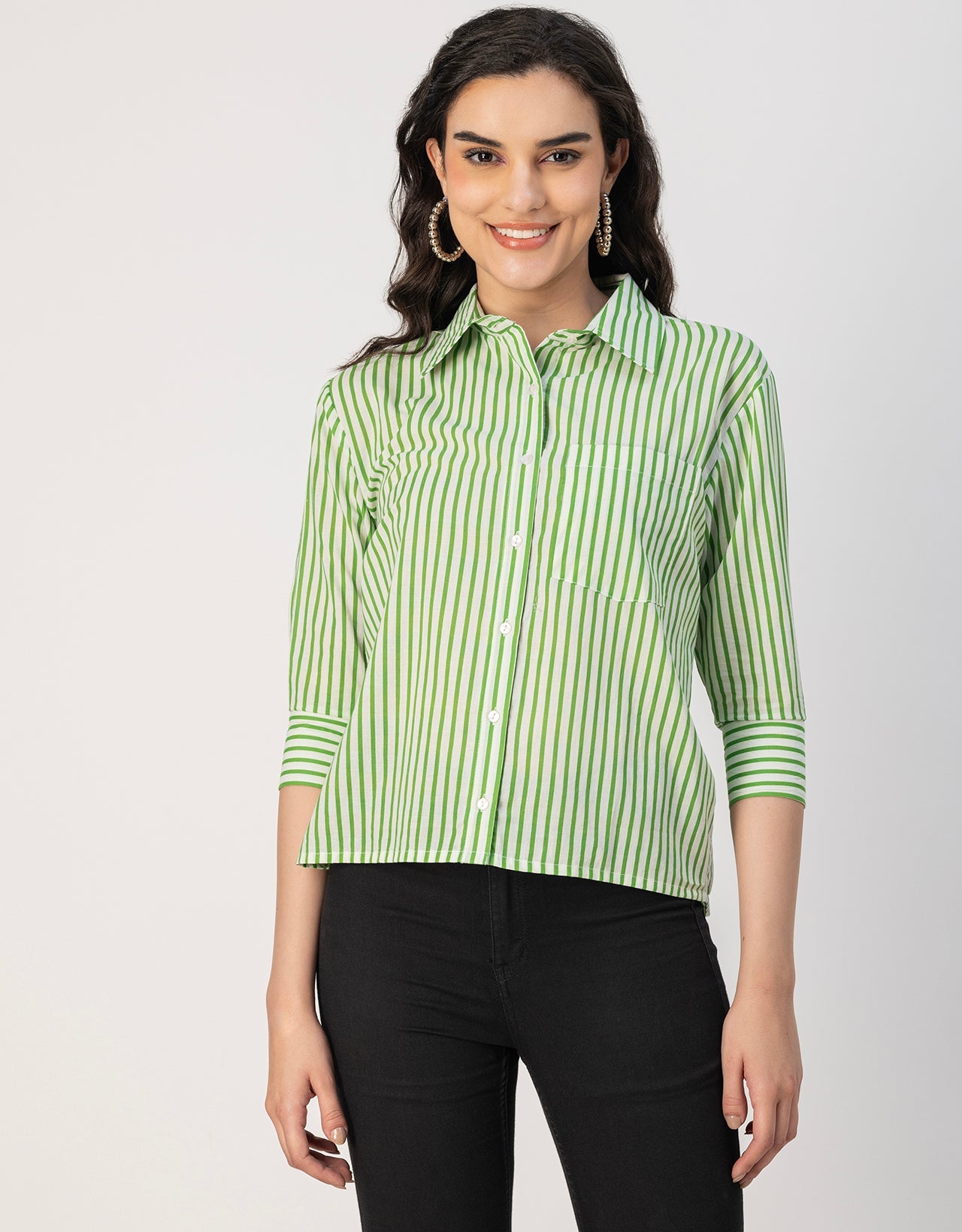 Cuff Sleeves Spread Collar Cotton Shirt