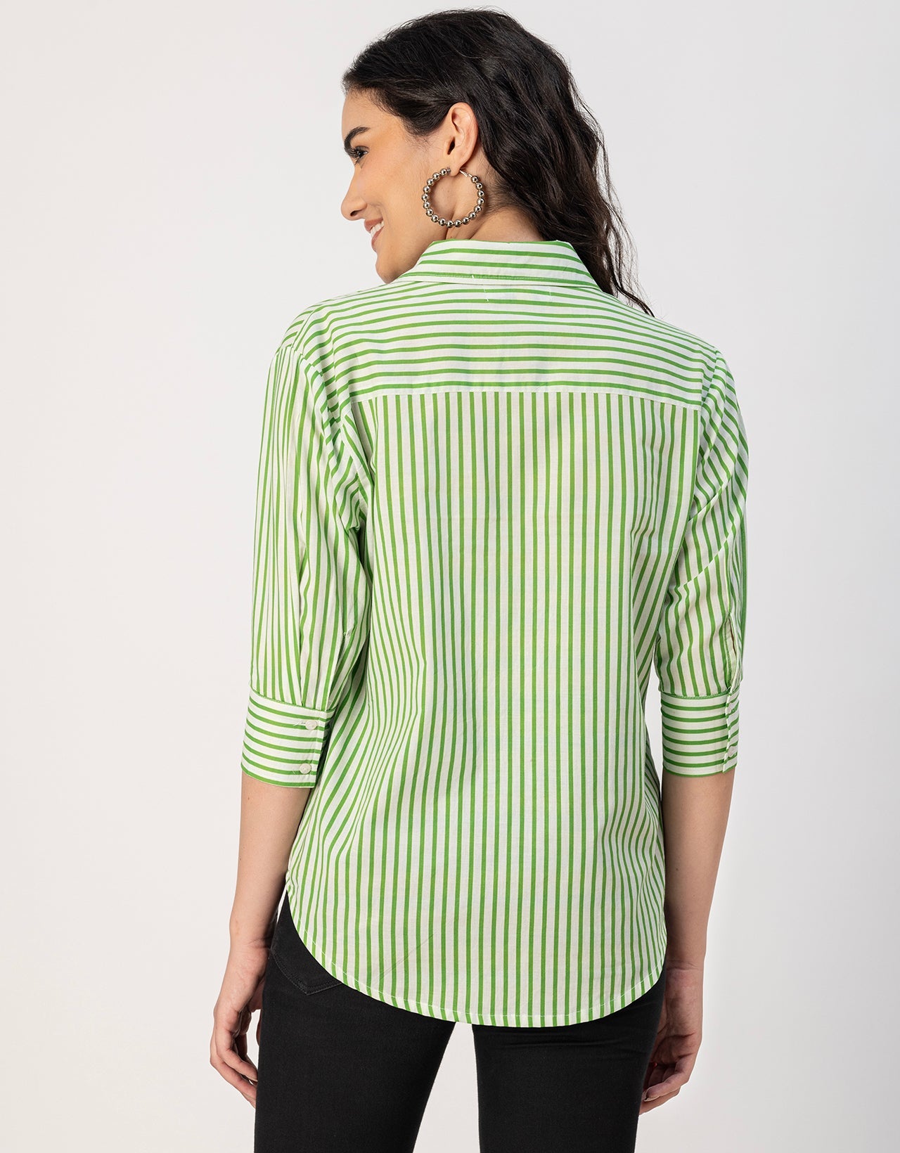 Cuff Sleeves Spread Collar Cotton Shirt