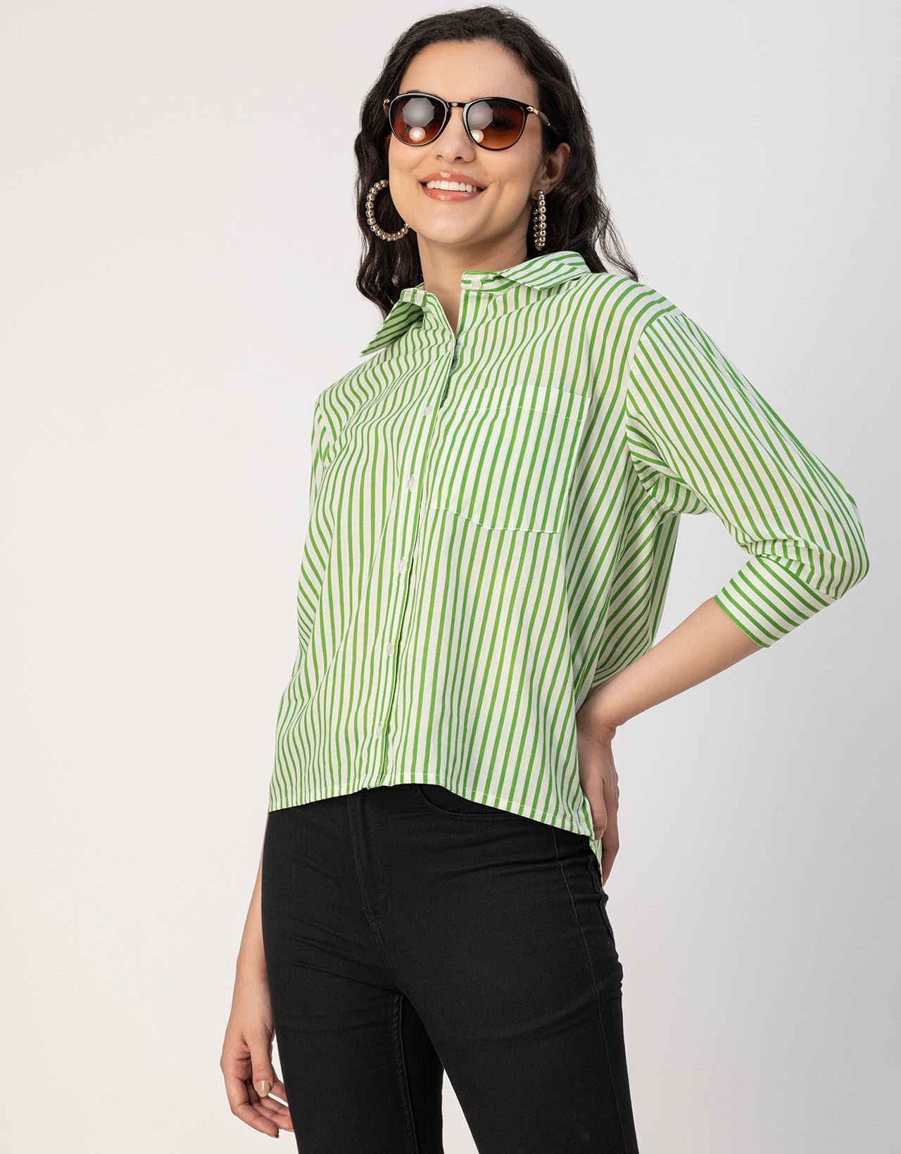 Cuff Sleeves Spread Collar Cotton Shirt