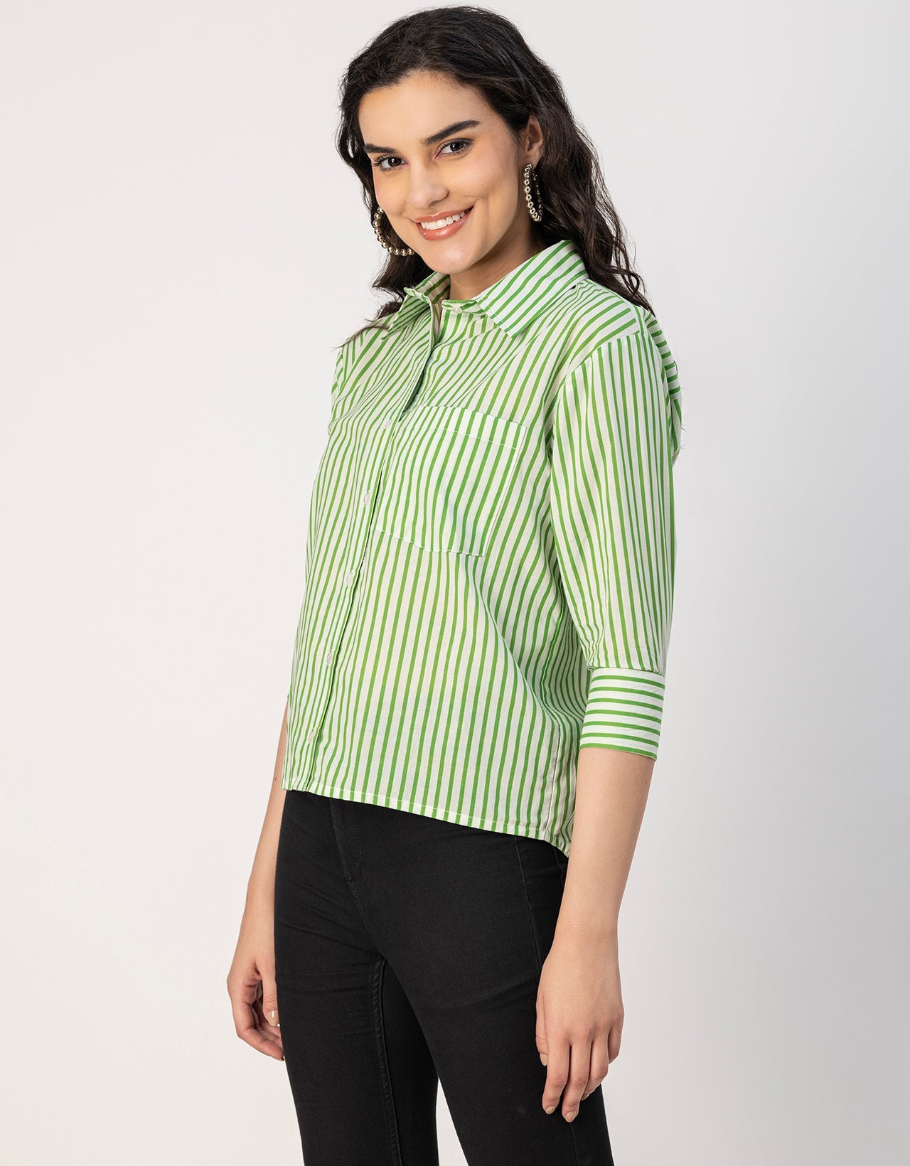 Cuff Sleeves Spread Collar Cotton Shirt