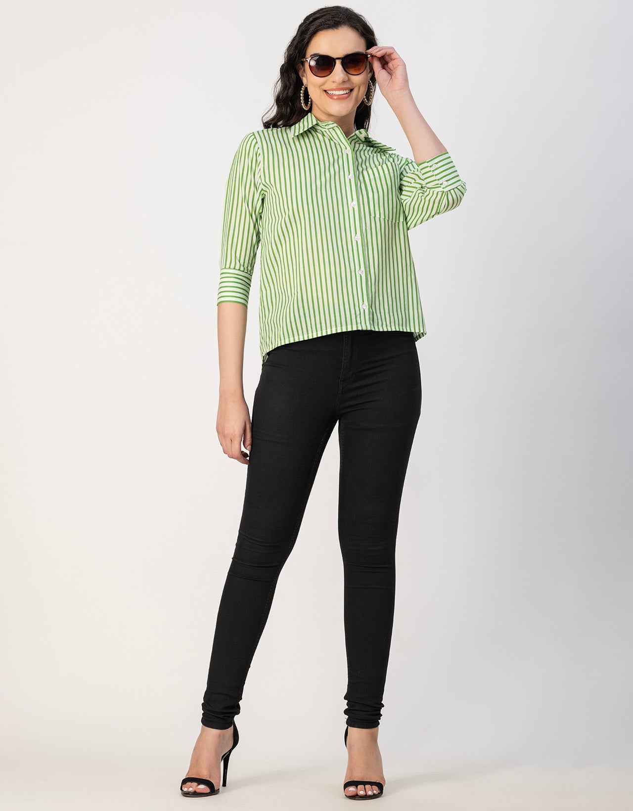 Cuff Sleeves Spread Collar Cotton Shirt