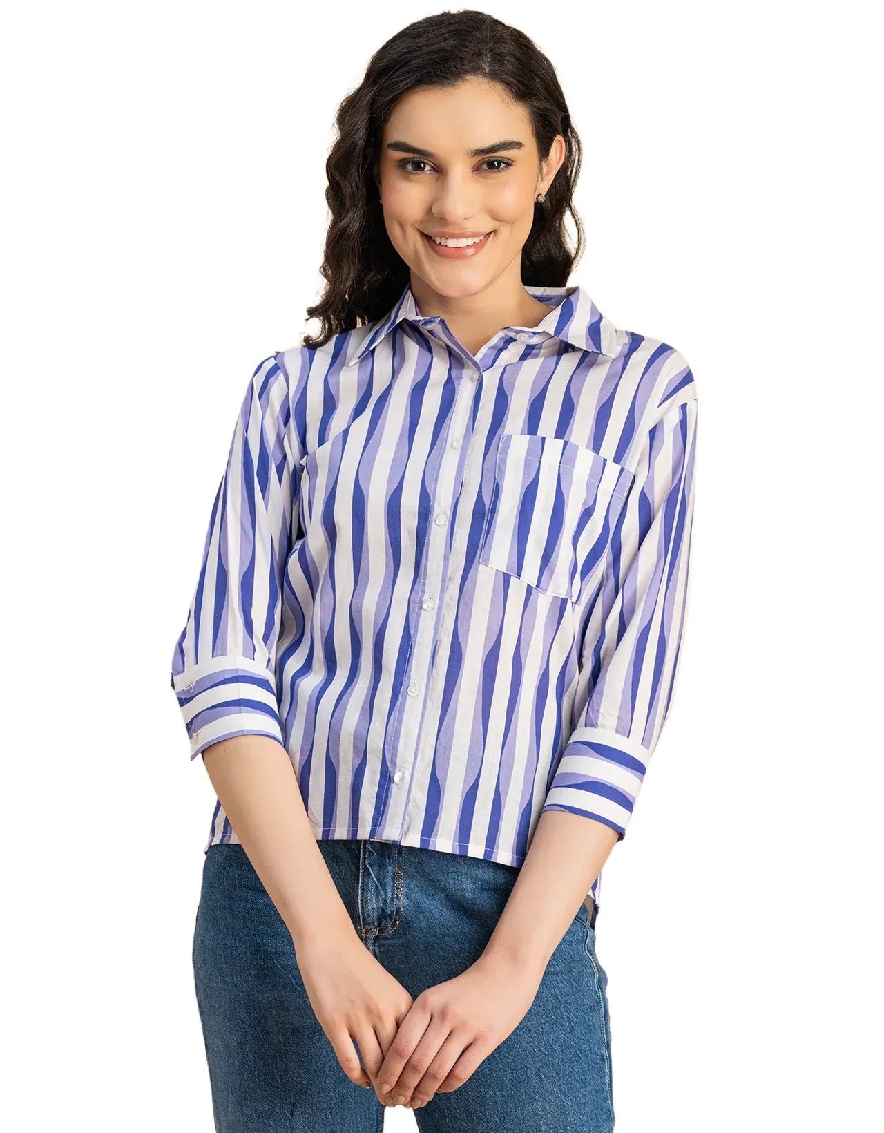 Cuff Sleeves Spread Collar Cotton Shirt
