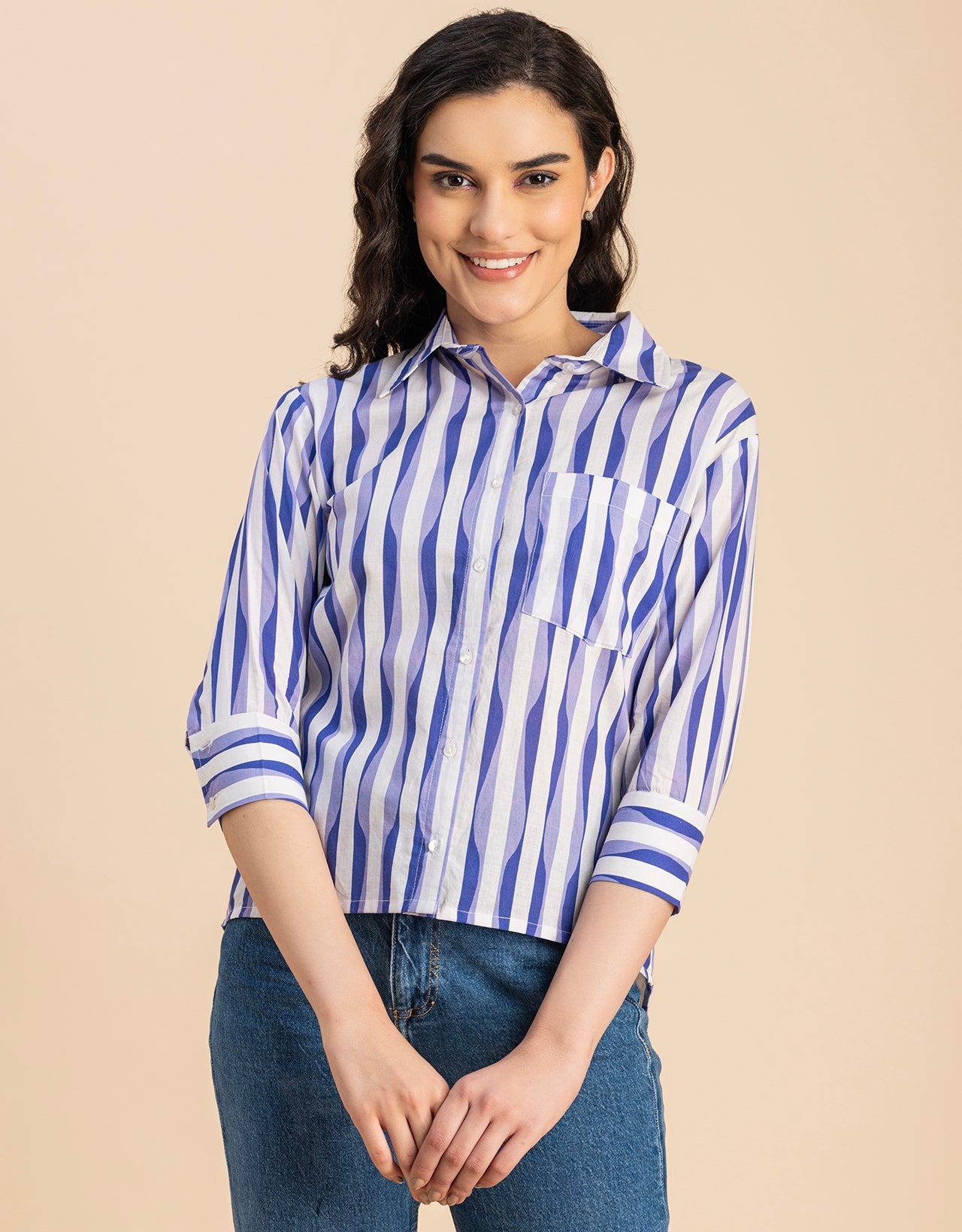 Cuff Sleeves Spread Collar Cotton Shirt