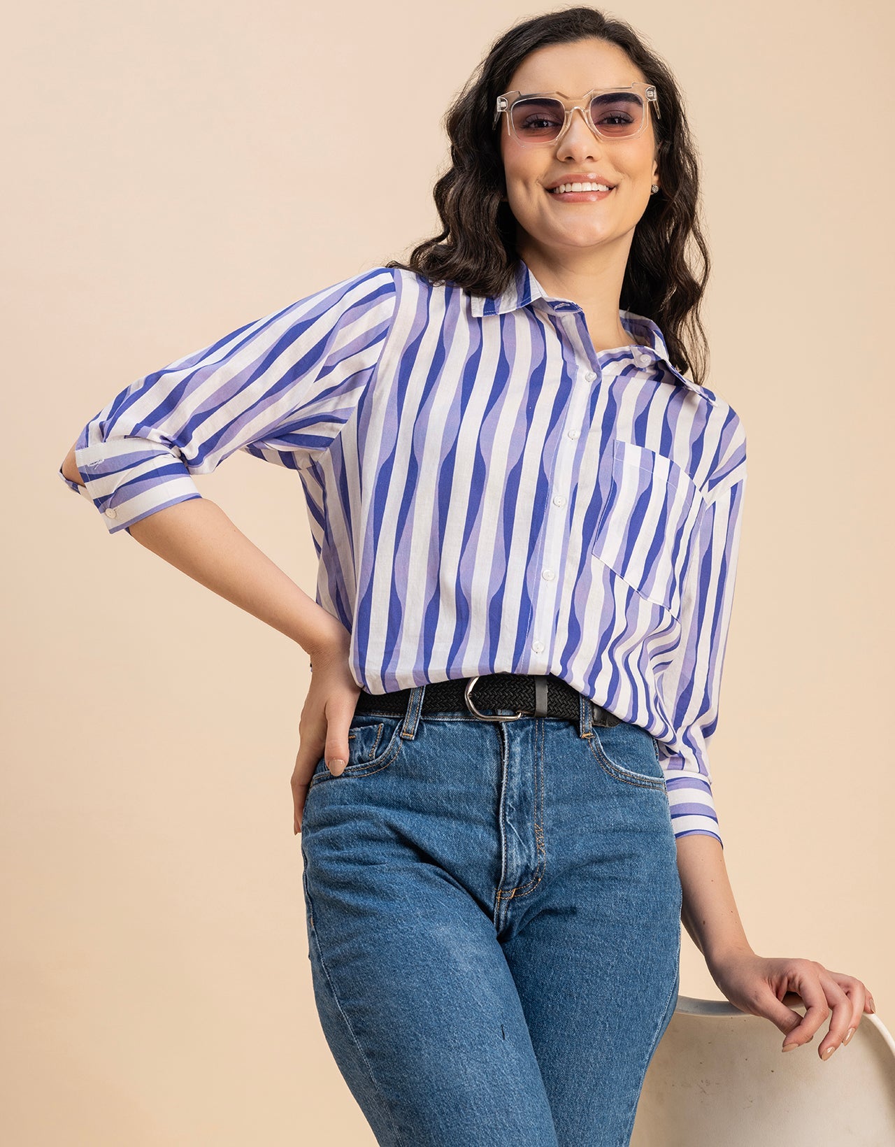 Cuff Sleeves Spread Collar Cotton Shirt