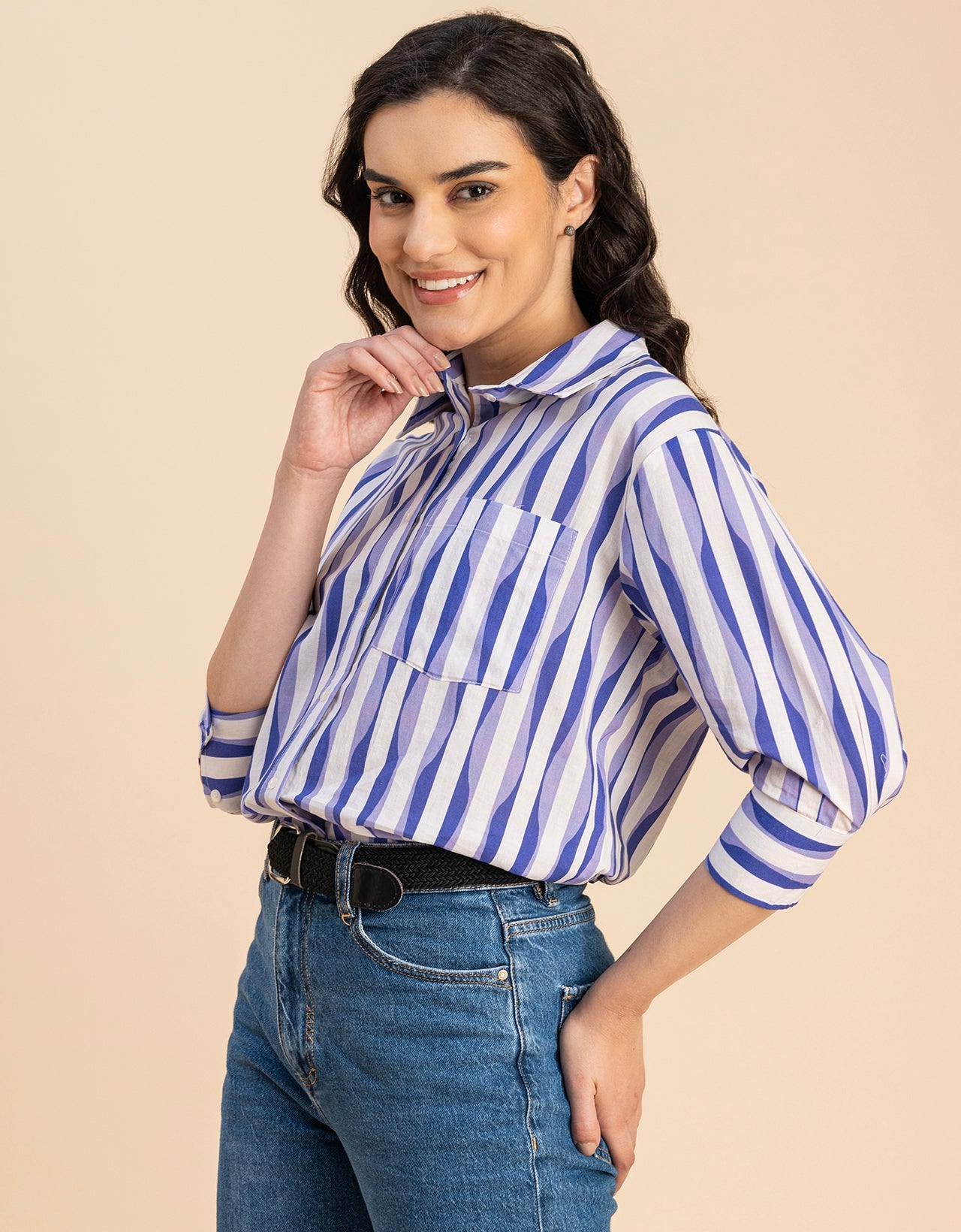 Cuff Sleeves Spread Collar Cotton Shirt
