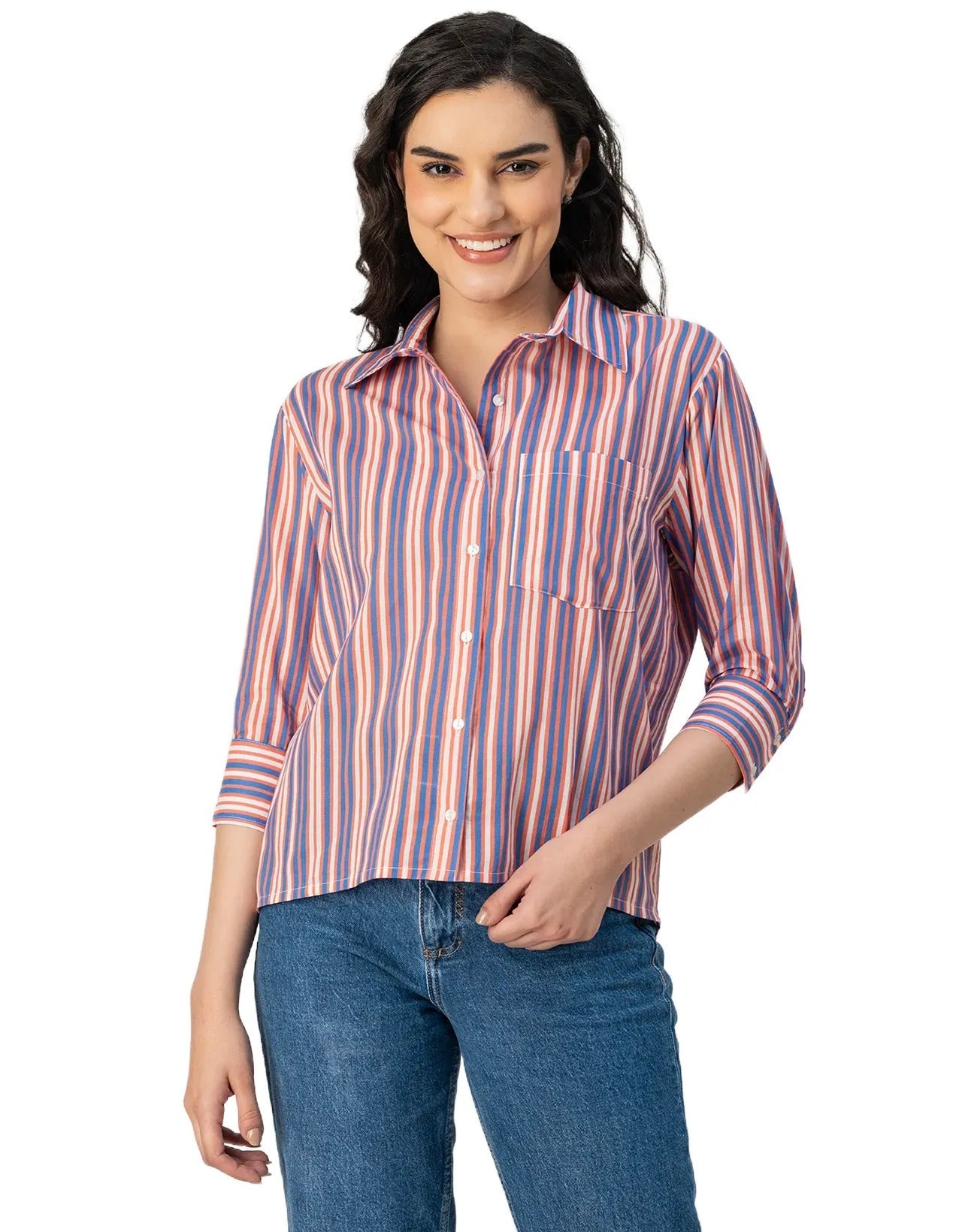 Cuff Sleeves Spread Collar Cotton Shirt