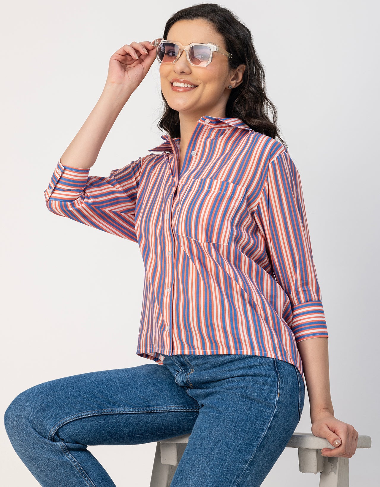 Cuff Sleeves Spread Collar Cotton Shirt