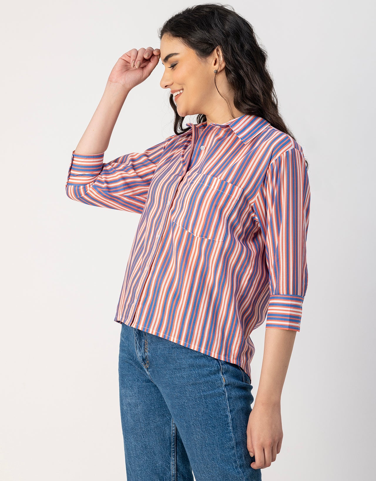 Cuff Sleeves Spread Collar Cotton Shirt