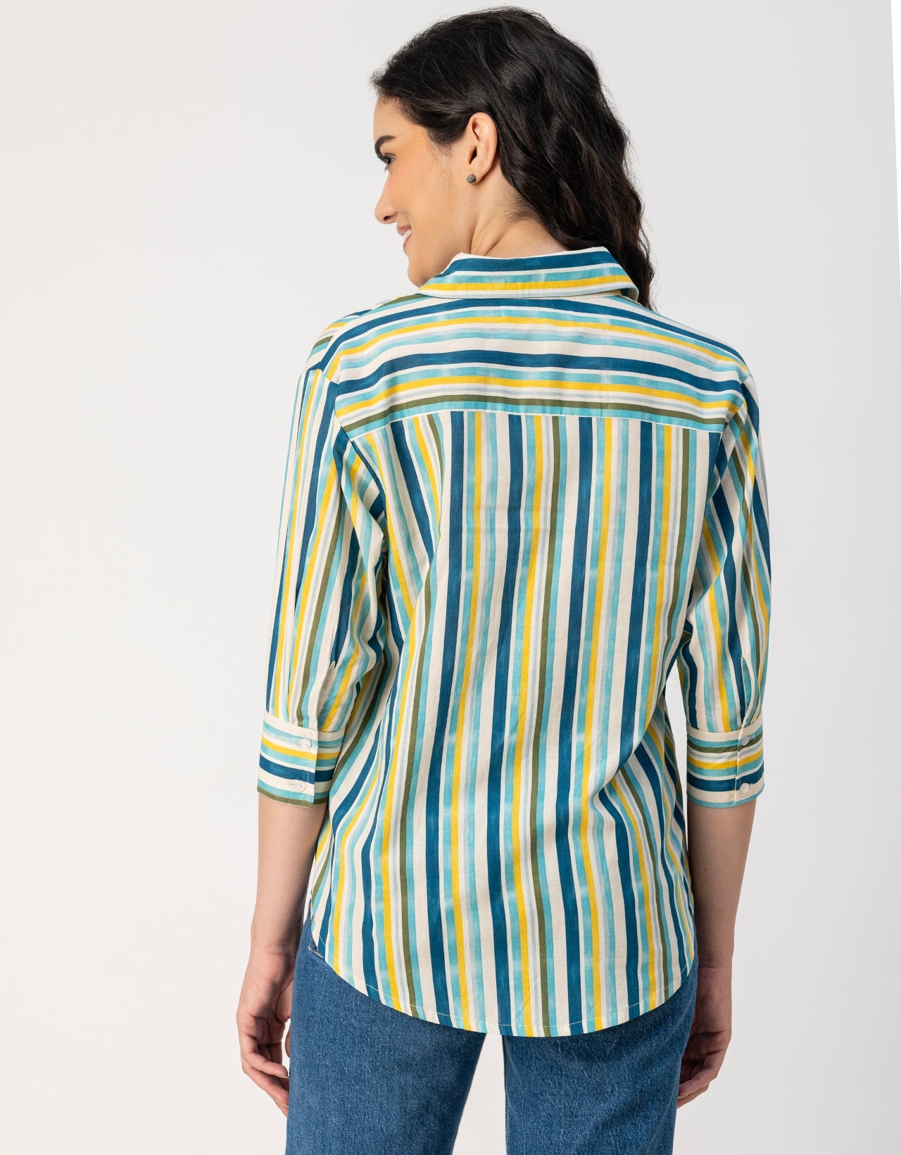 Cuff Sleeves Spread Collar Cotton Shirt