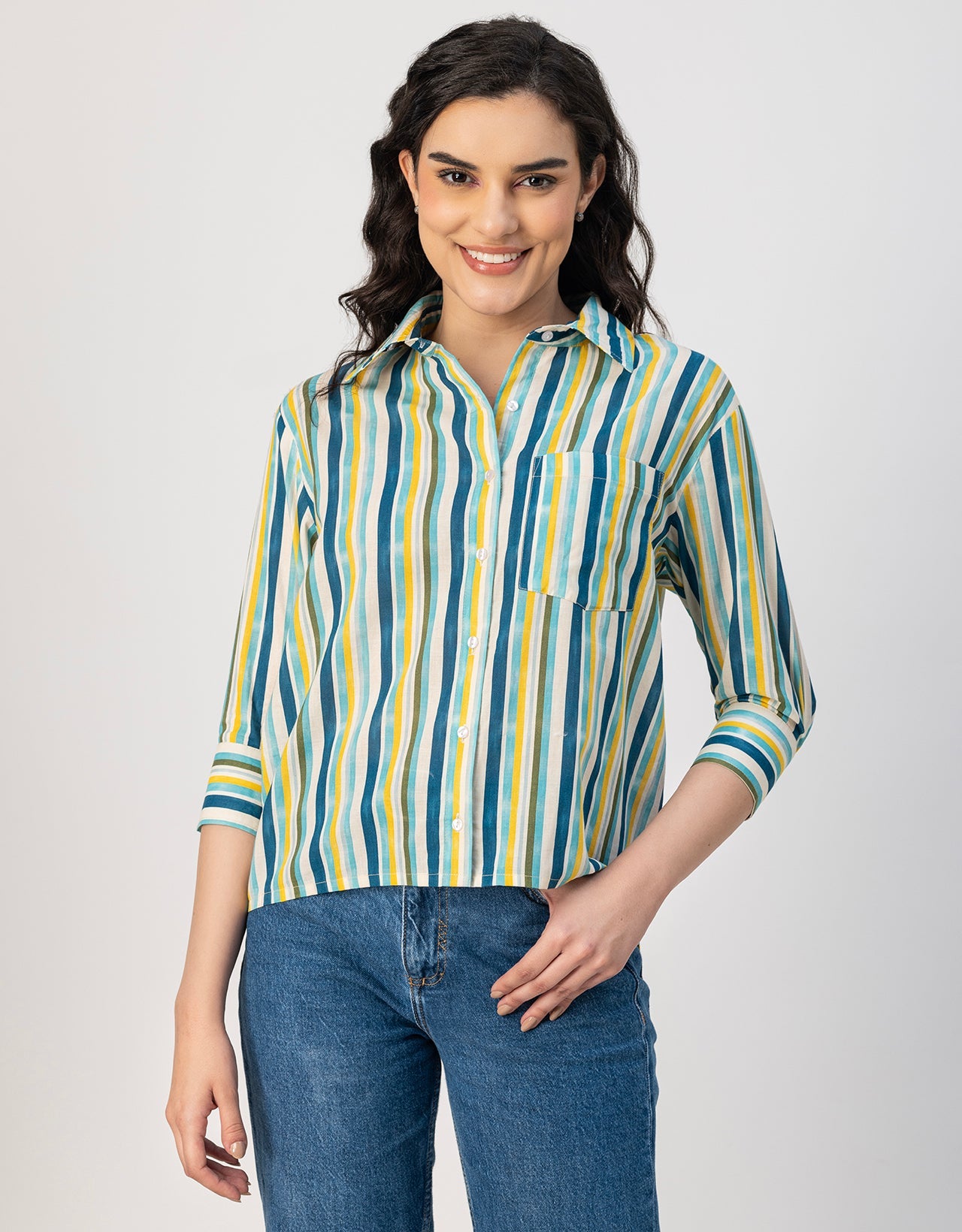 Cuff Sleeves Spread Collar Cotton Shirt