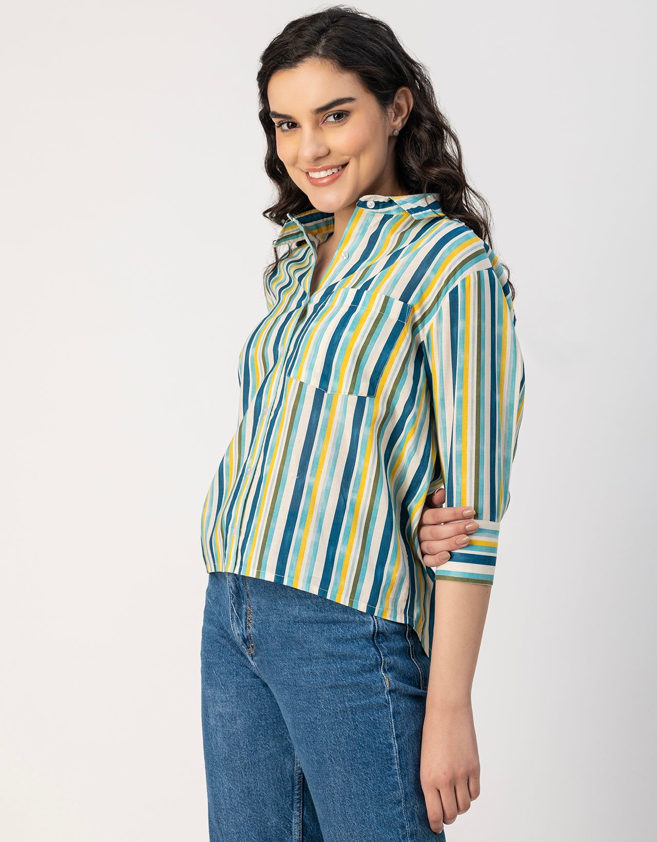 Cuff Sleeves Spread Collar Cotton Shirt