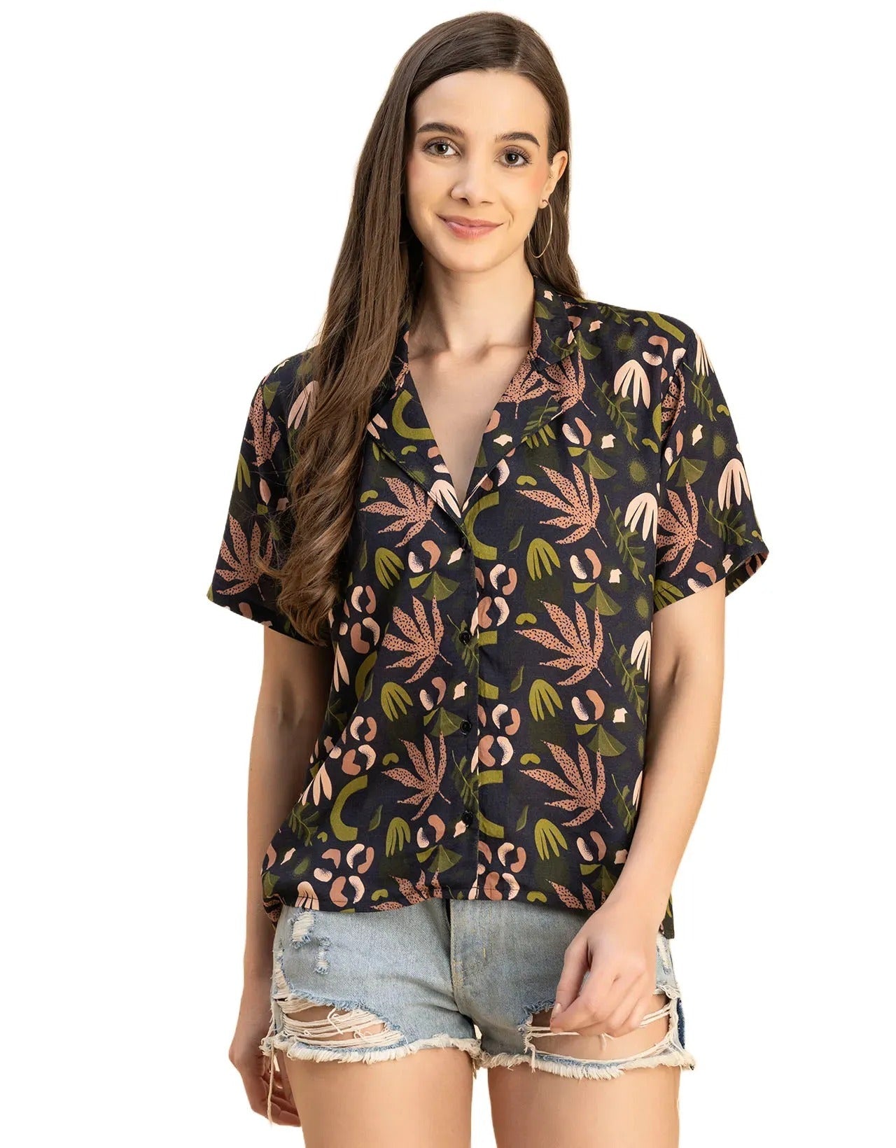 Short Sleeves Notch Collar Rayon Shirt