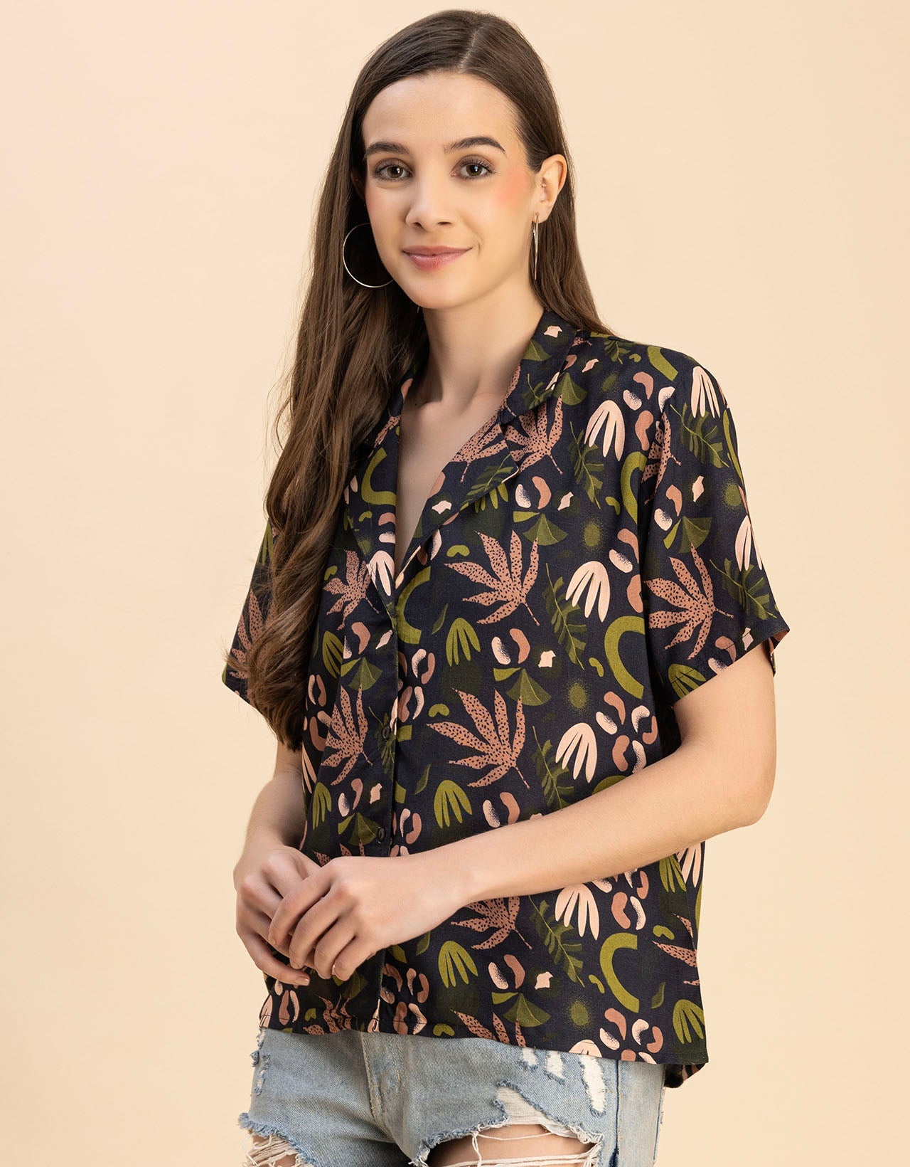 Short Sleeves Notch Collar Rayon Shirt