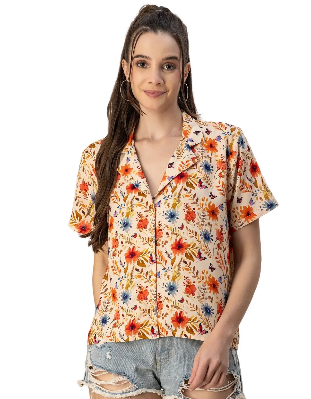 Short Sleeves Notch Collar Rayon Shirt