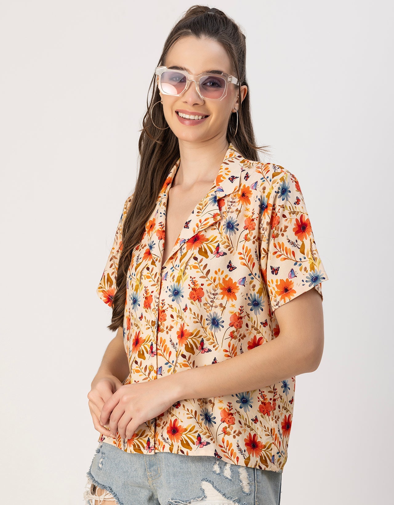 Short Sleeves Notch Collar Rayon Shirt