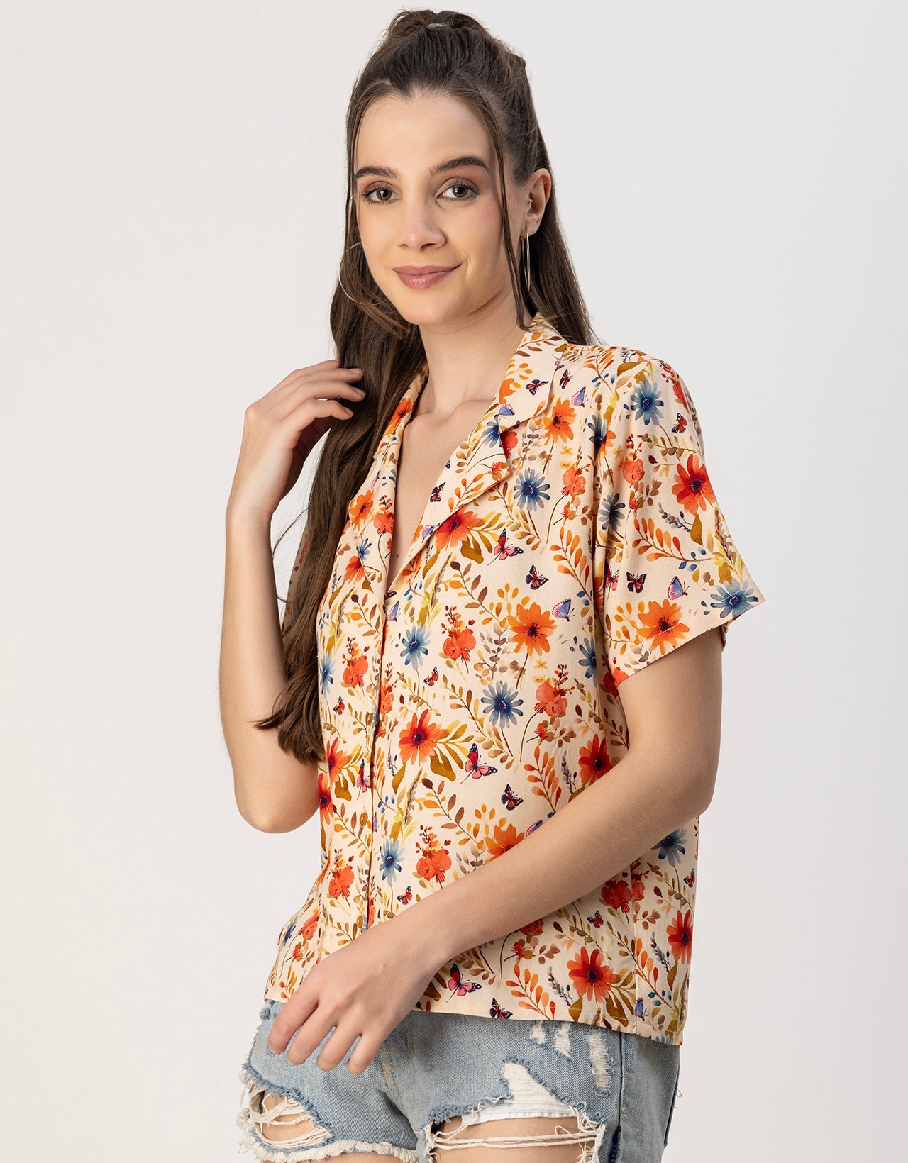 Short Sleeves Notch Collar Rayon Shirt