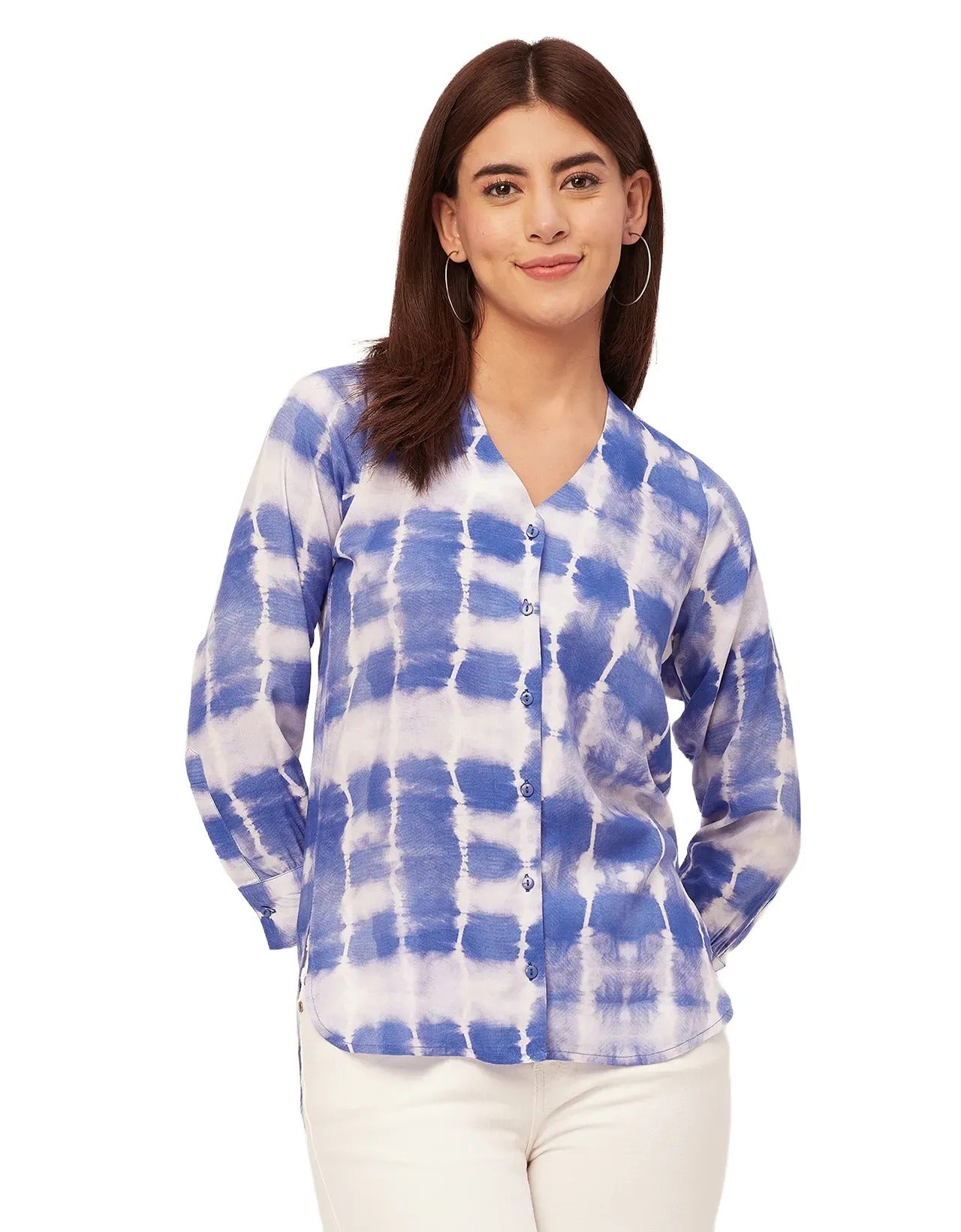 V Neck Long Sleeve Printed Rayon Shirt