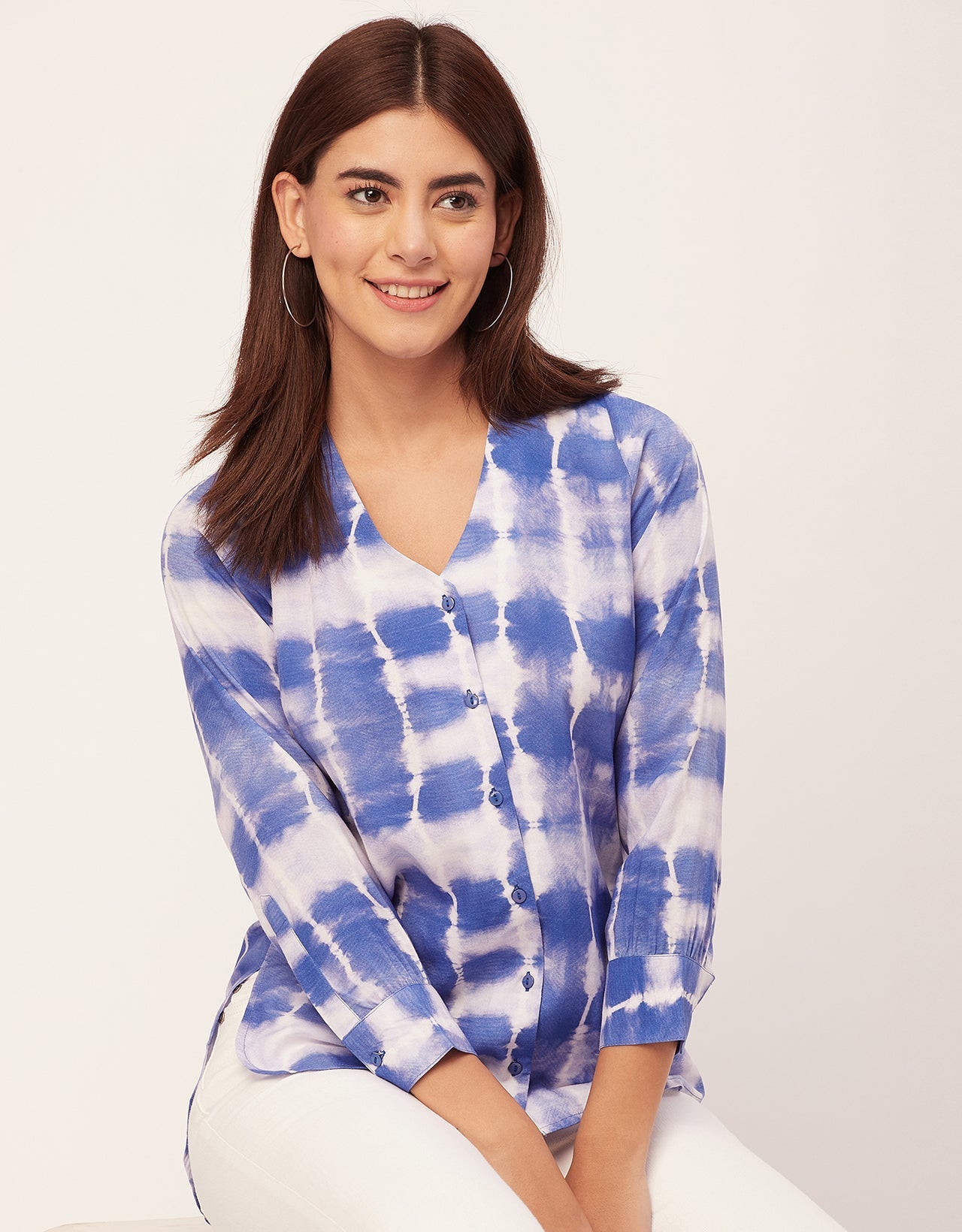 V Neck Long Sleeve Printed Rayon Shirt