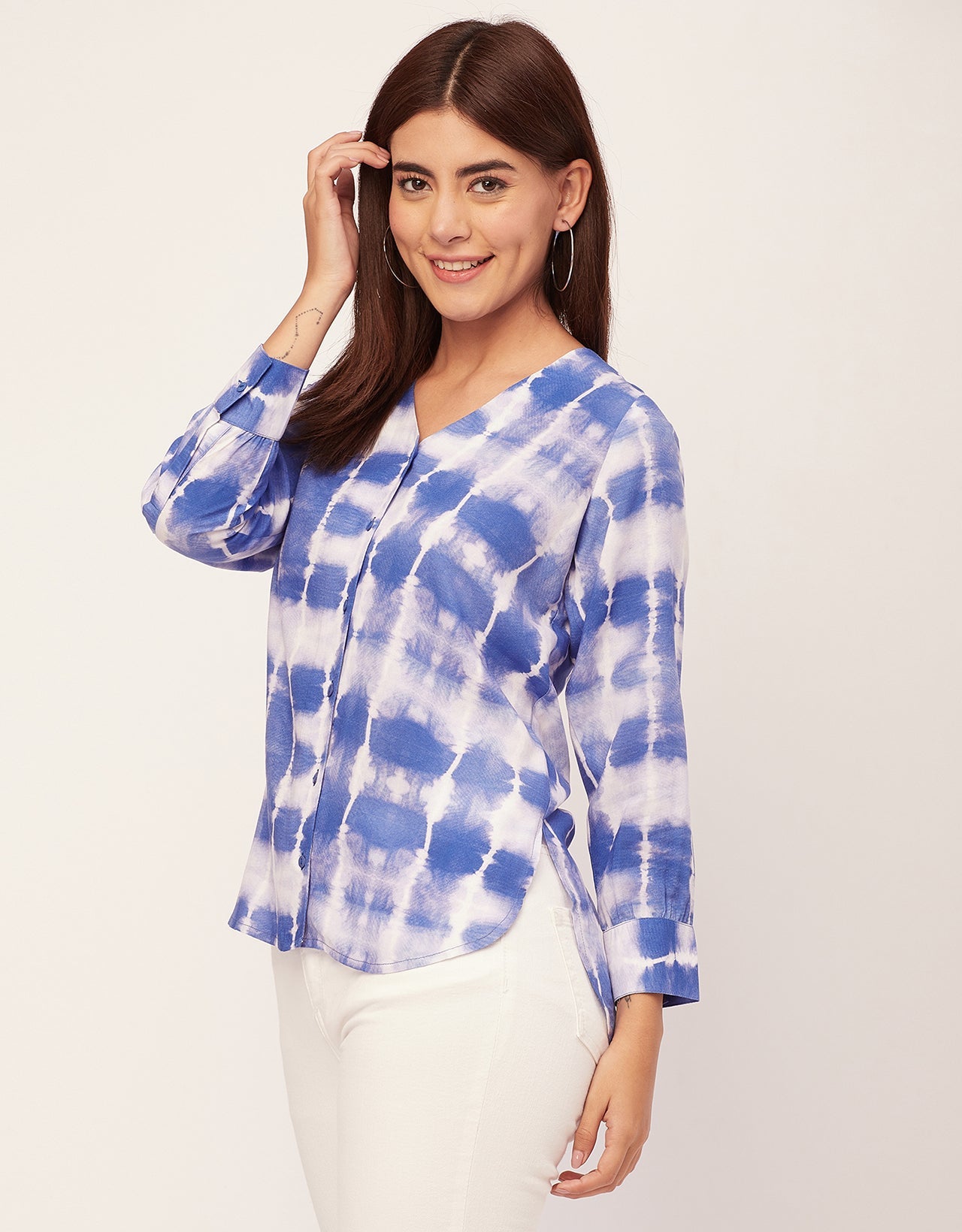 V Neck Long Sleeve Printed Rayon Shirt