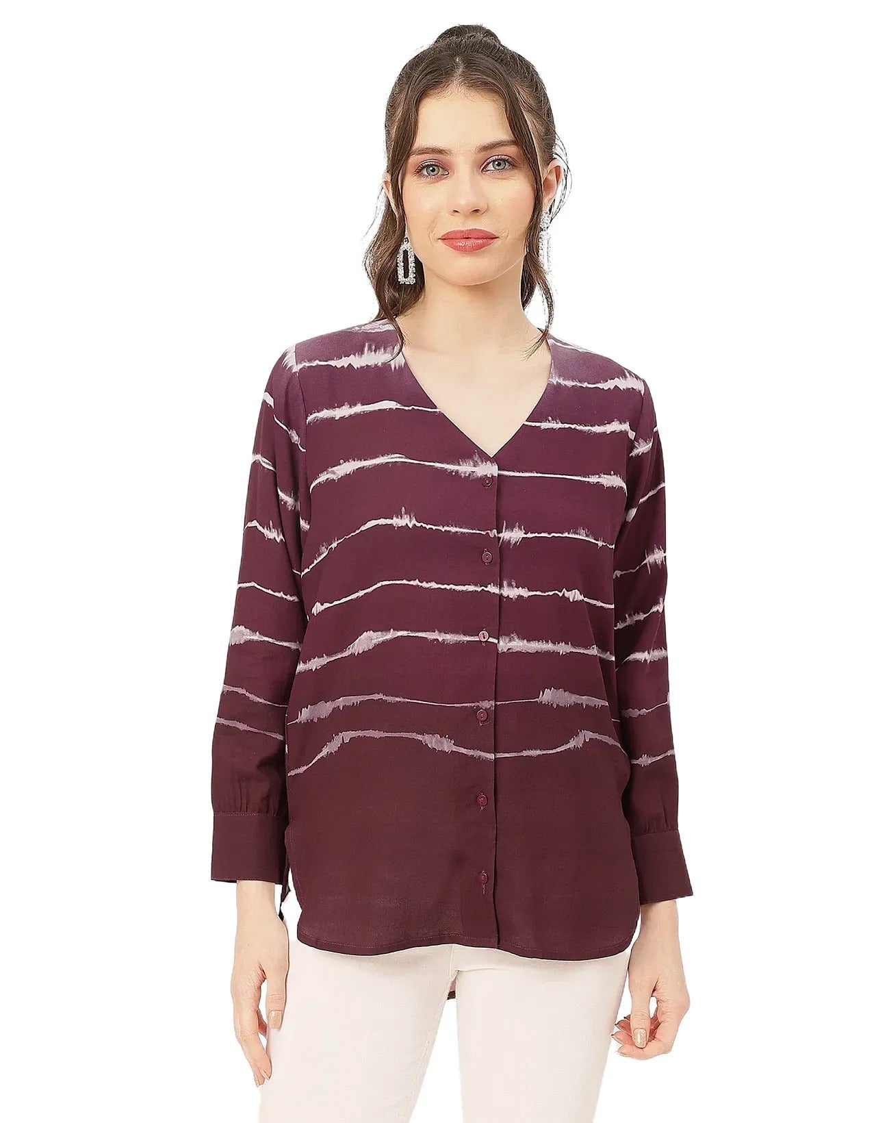 V Neck Long Sleeve Printed Rayon Shirt