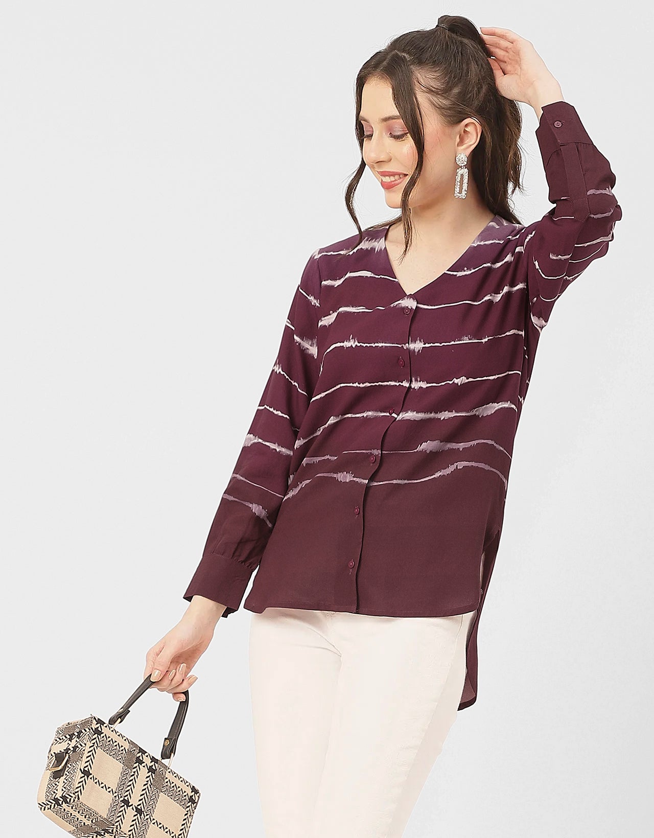 V Neck Long Sleeve Printed Rayon Shirt