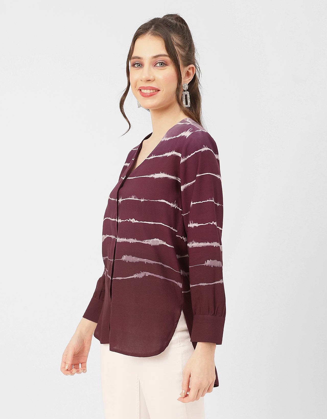 V Neck Long Sleeve Printed Rayon Shirt