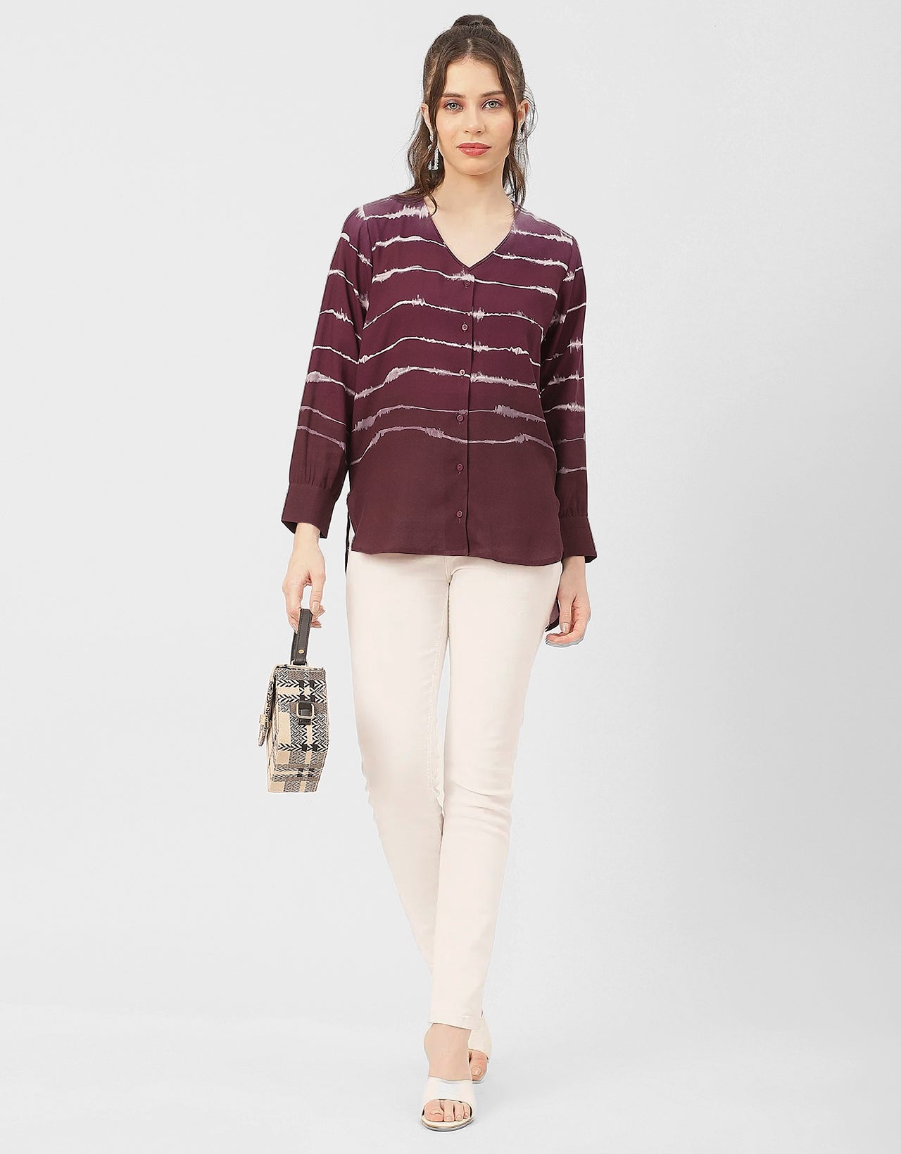 V Neck Long Sleeve Printed Rayon Shirt