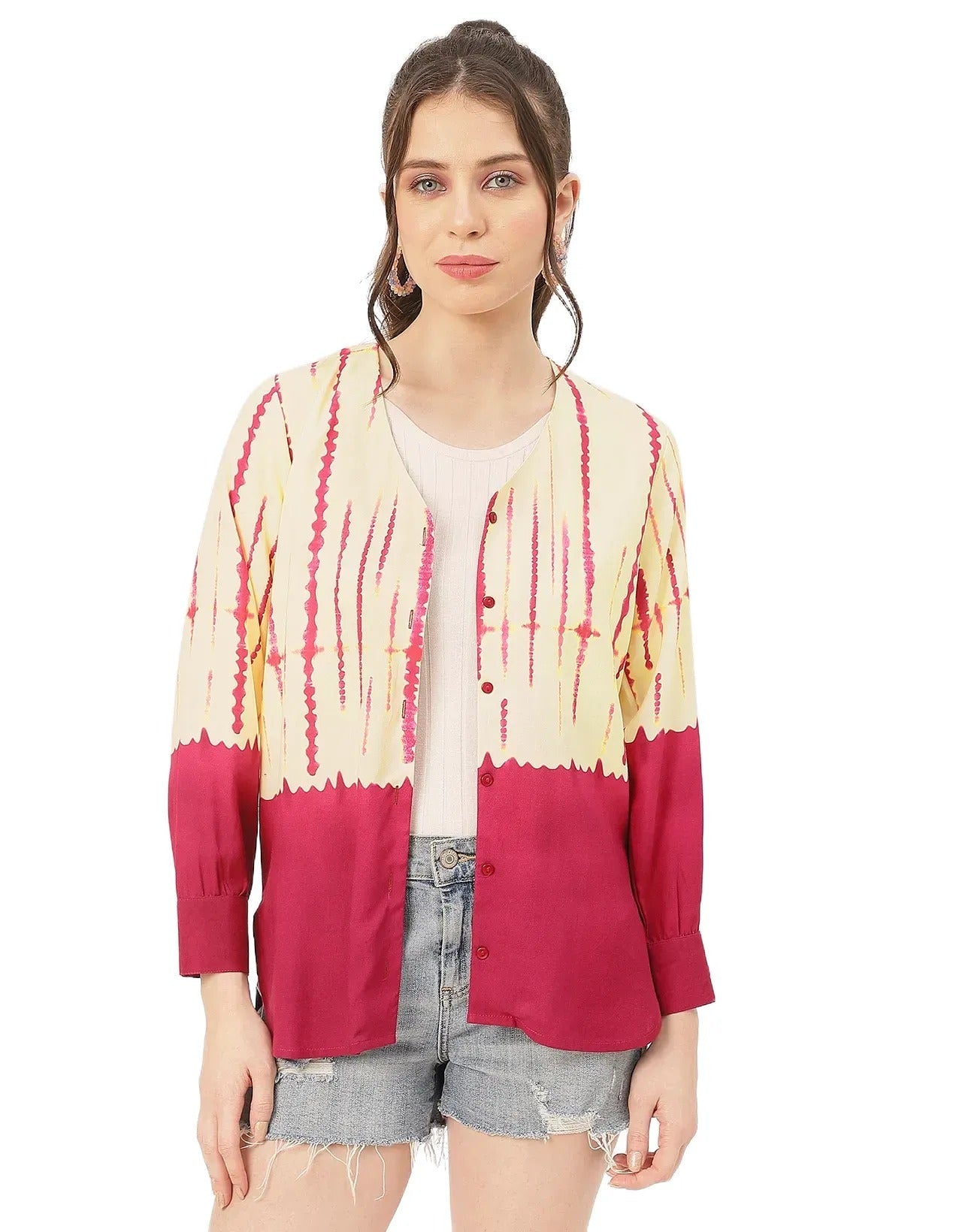 V Neck Long Sleeve Printed Rayon Shirt