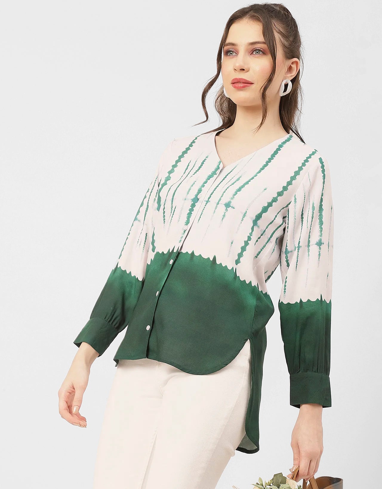 V Neck Long Sleeve Printed Rayon Shirt