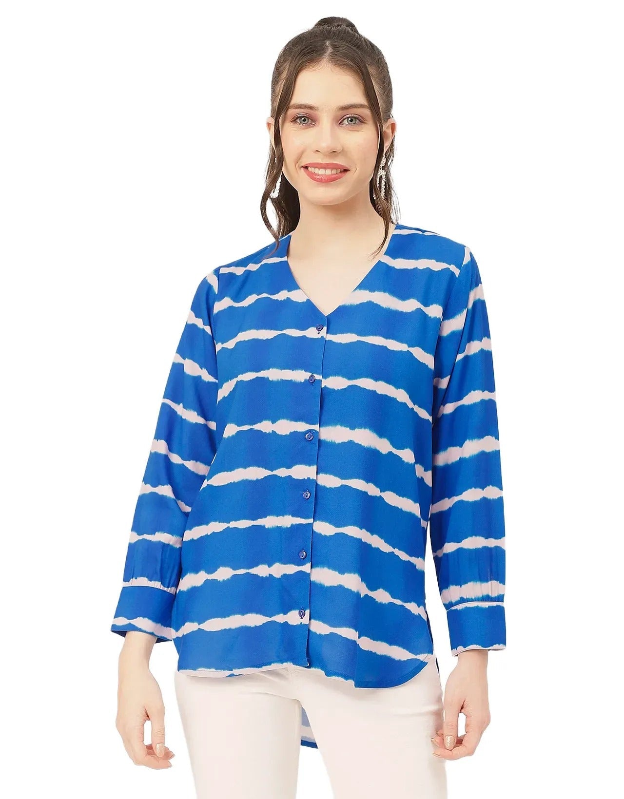 V Neck Long Sleeve Printed Rayon Shirt