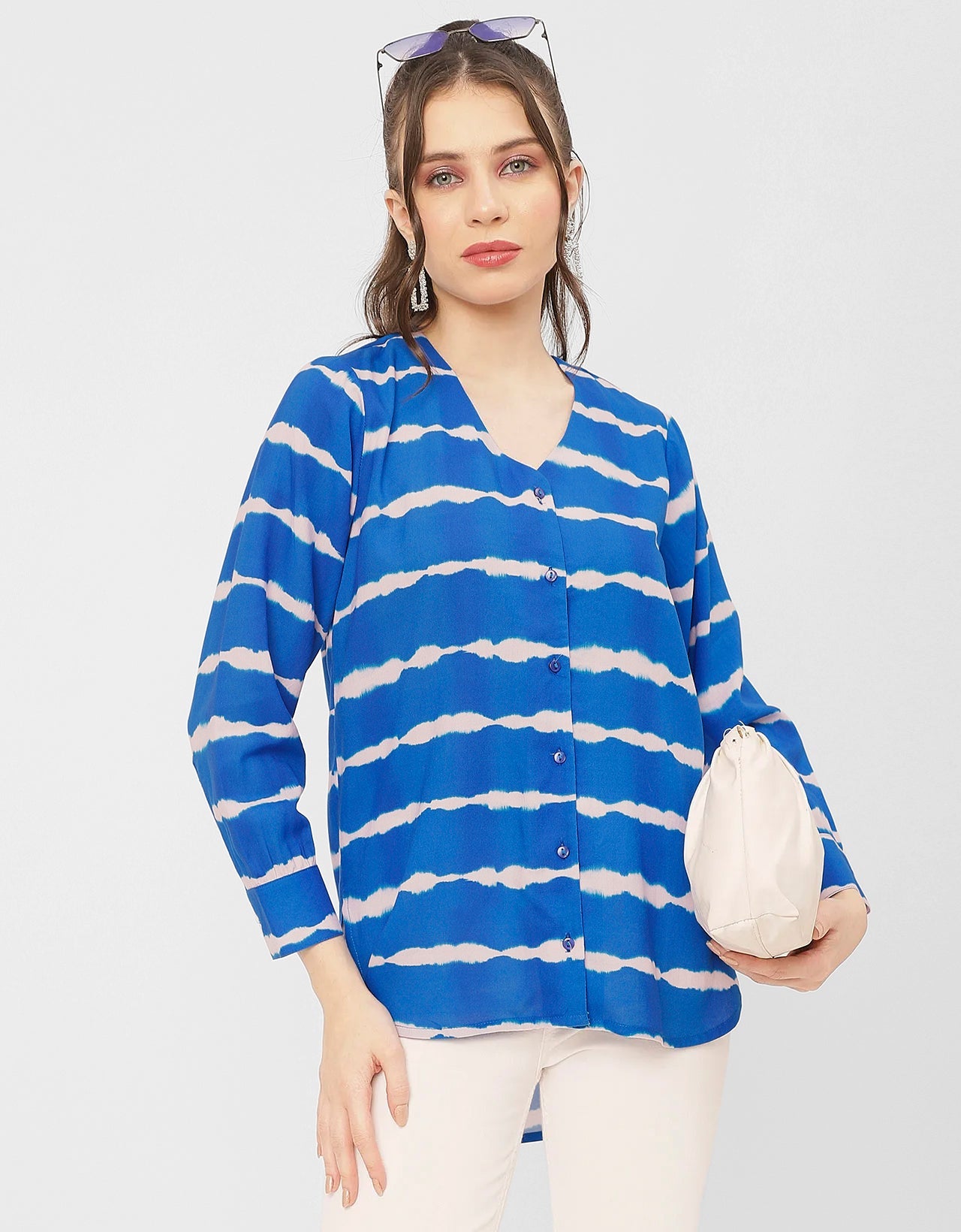 V Neck Long Sleeve Printed Rayon Shirt