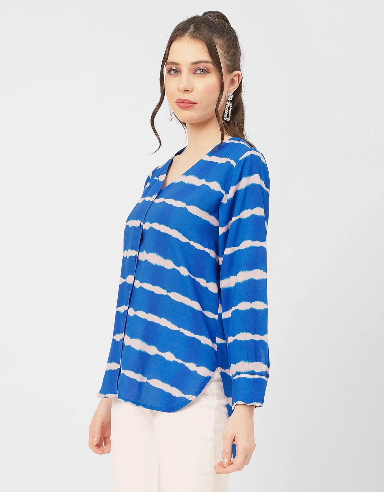 V Neck Long Sleeve Printed Rayon Shirt
