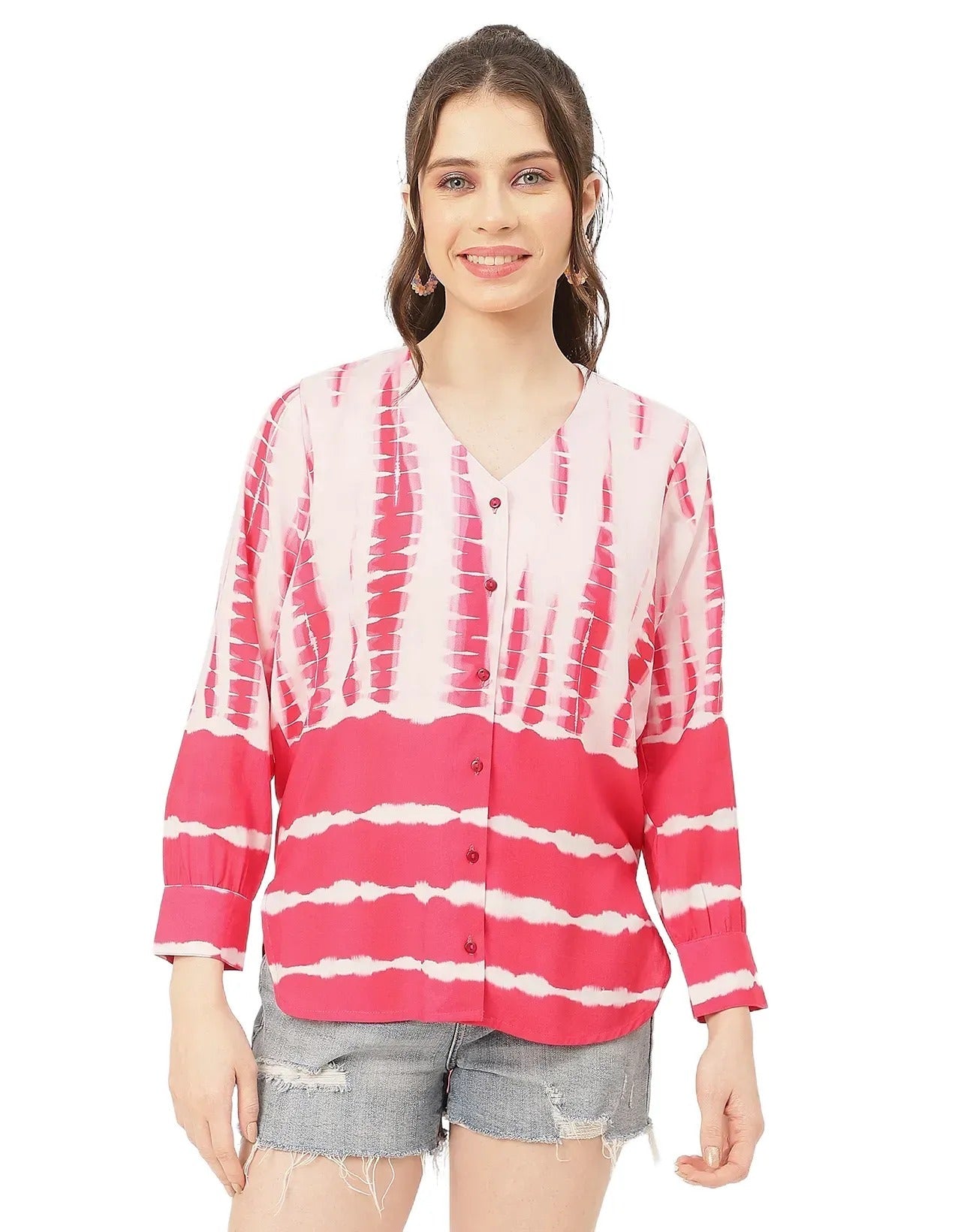 V Neck Long Sleeve Printed Rayon Shirt