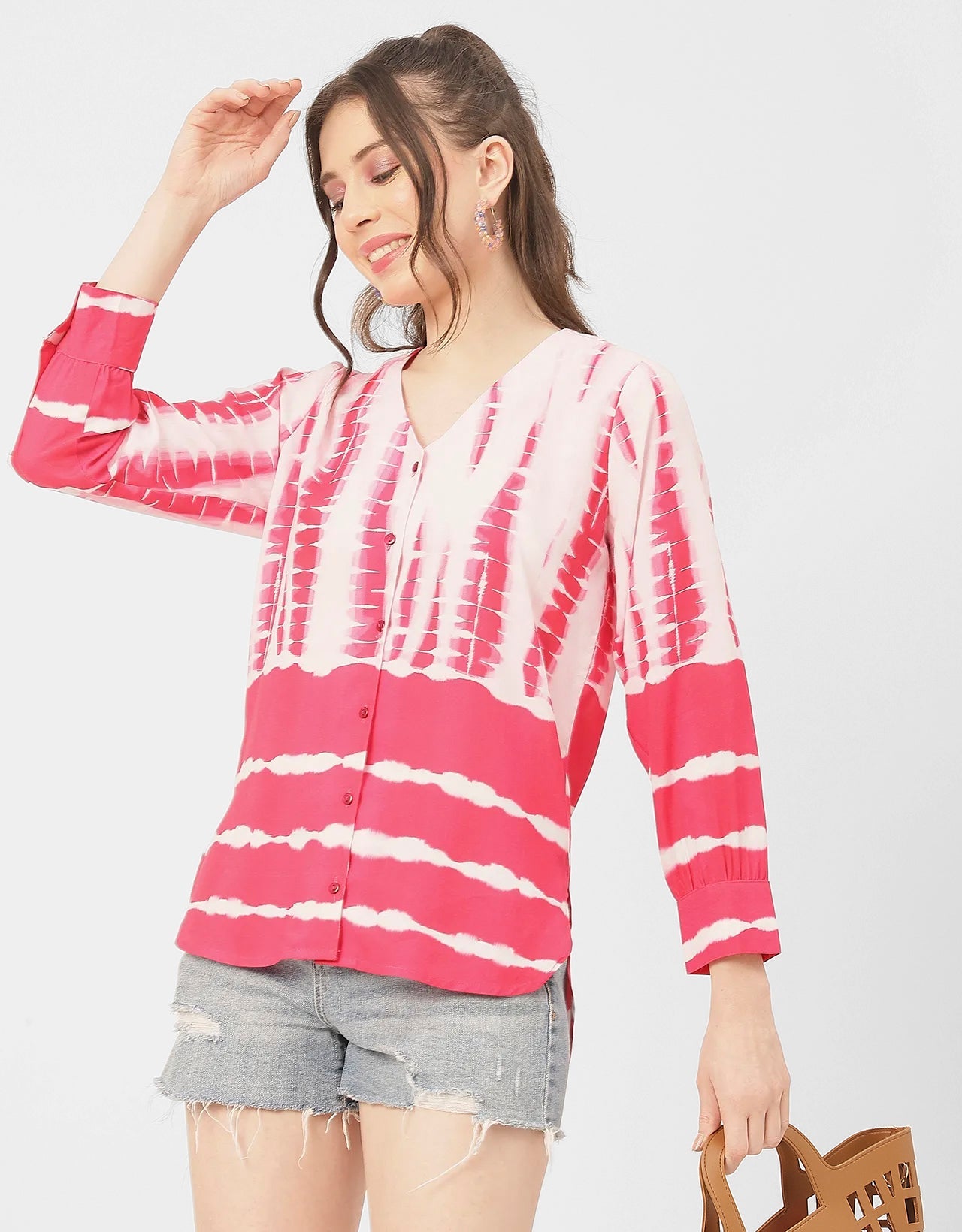 V Neck Long Sleeve Printed Rayon Shirt