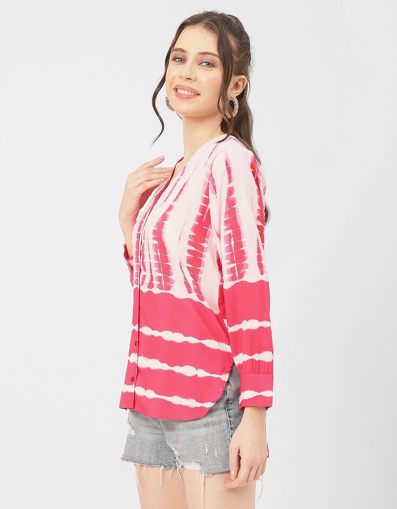 V Neck Long Sleeve Printed Rayon Shirt