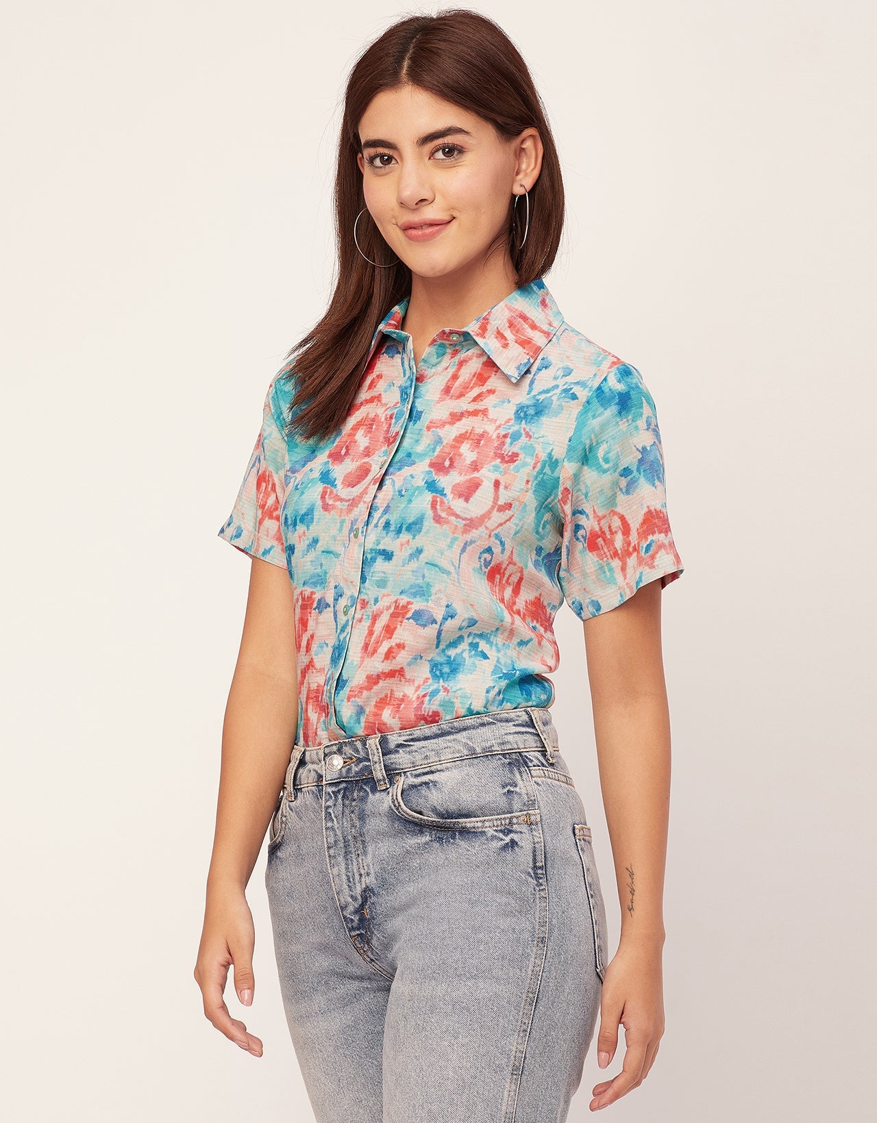 Short Sleeve Shirt Collar Printed Rayon Shirt