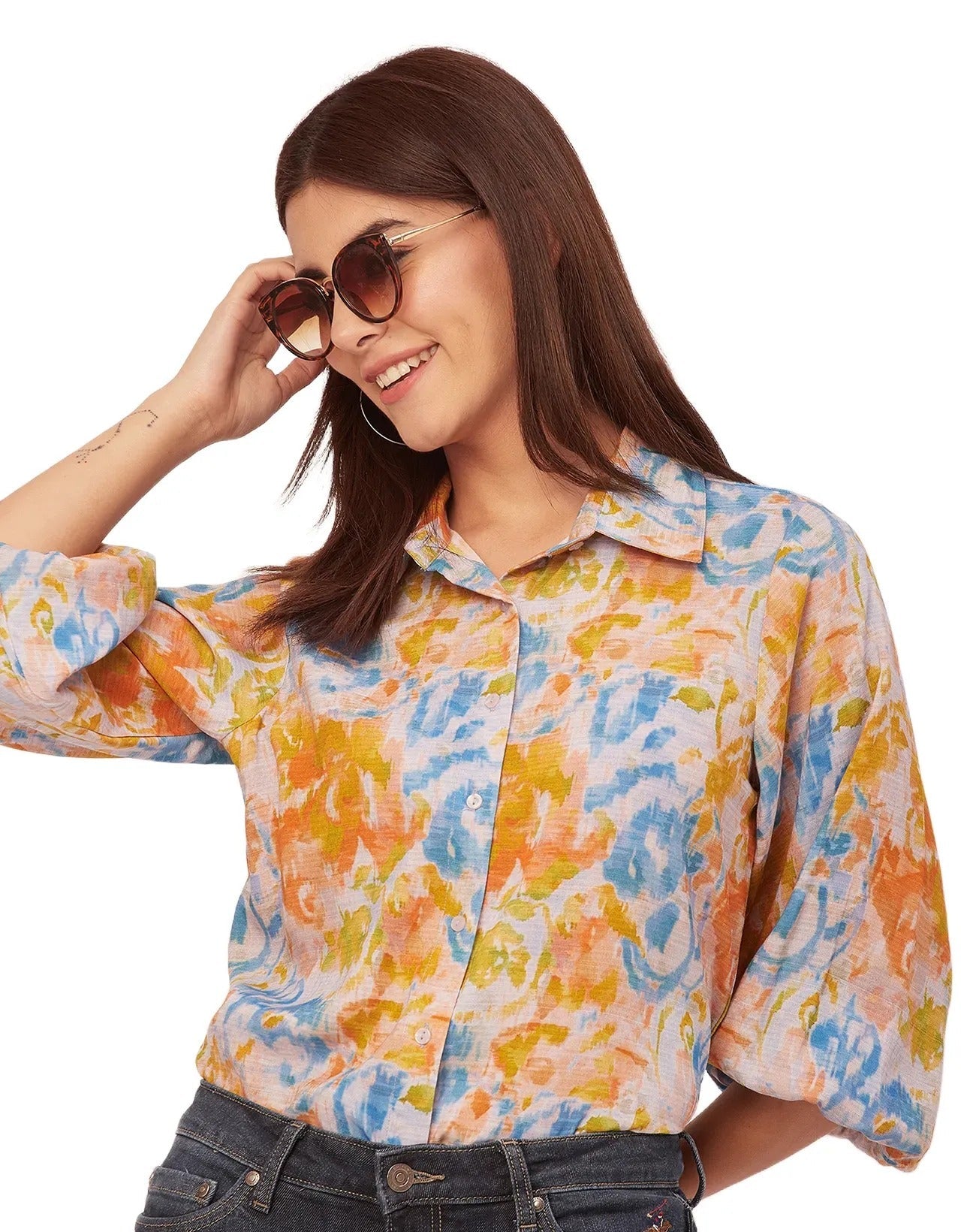Bishop Sleeves Collar Printed Rayon Shirt