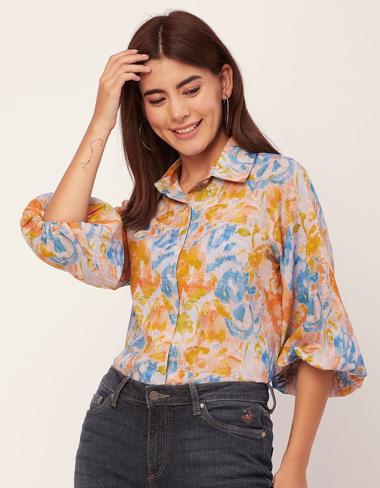 Bishop Sleeves Collar Printed Rayon Shirt