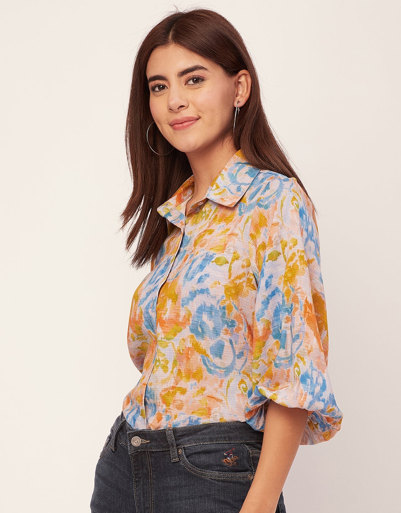Bishop Sleeves Collar Printed Rayon Shirt