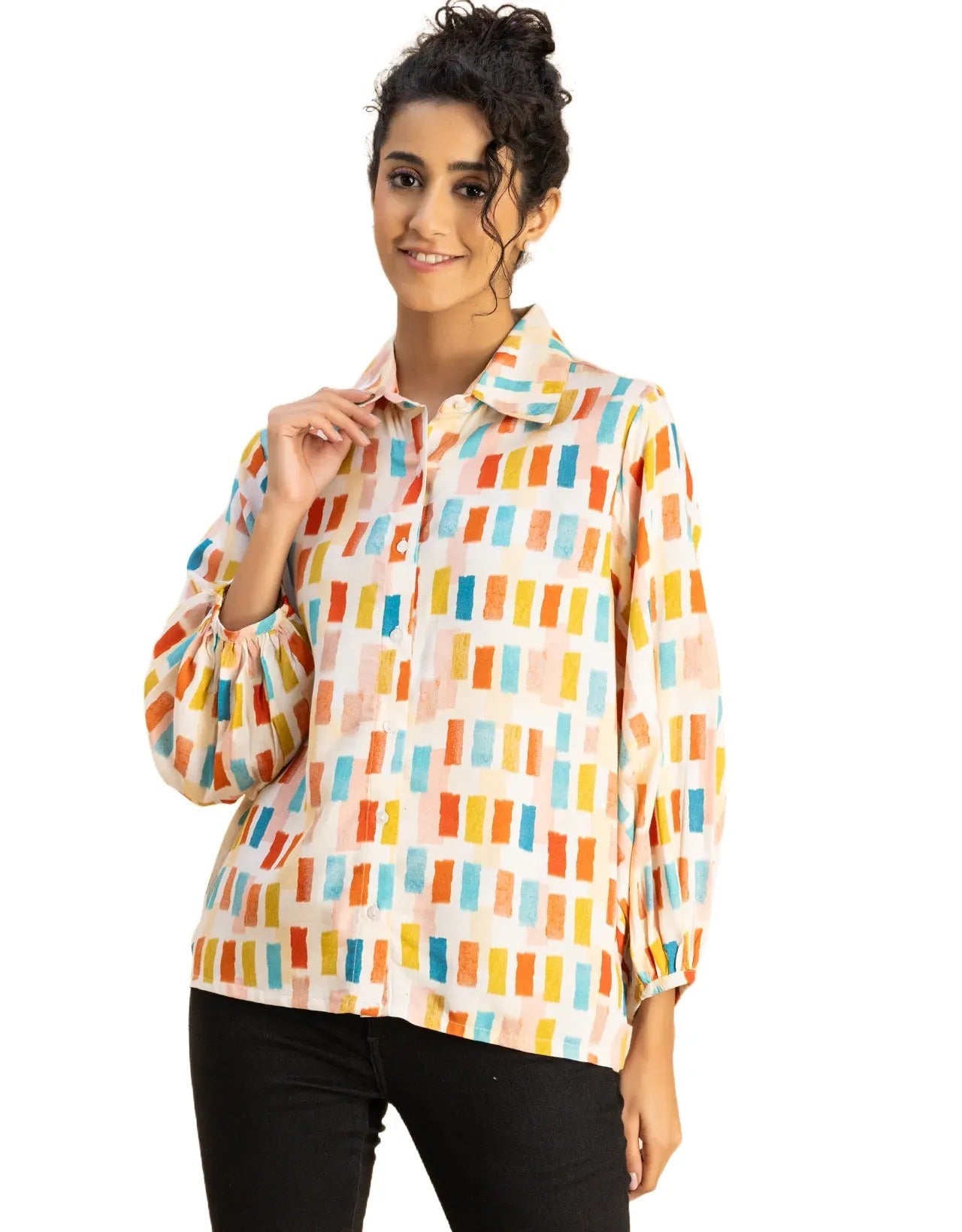 Bishop Sleeves Collar Printed Rayon Shirt
