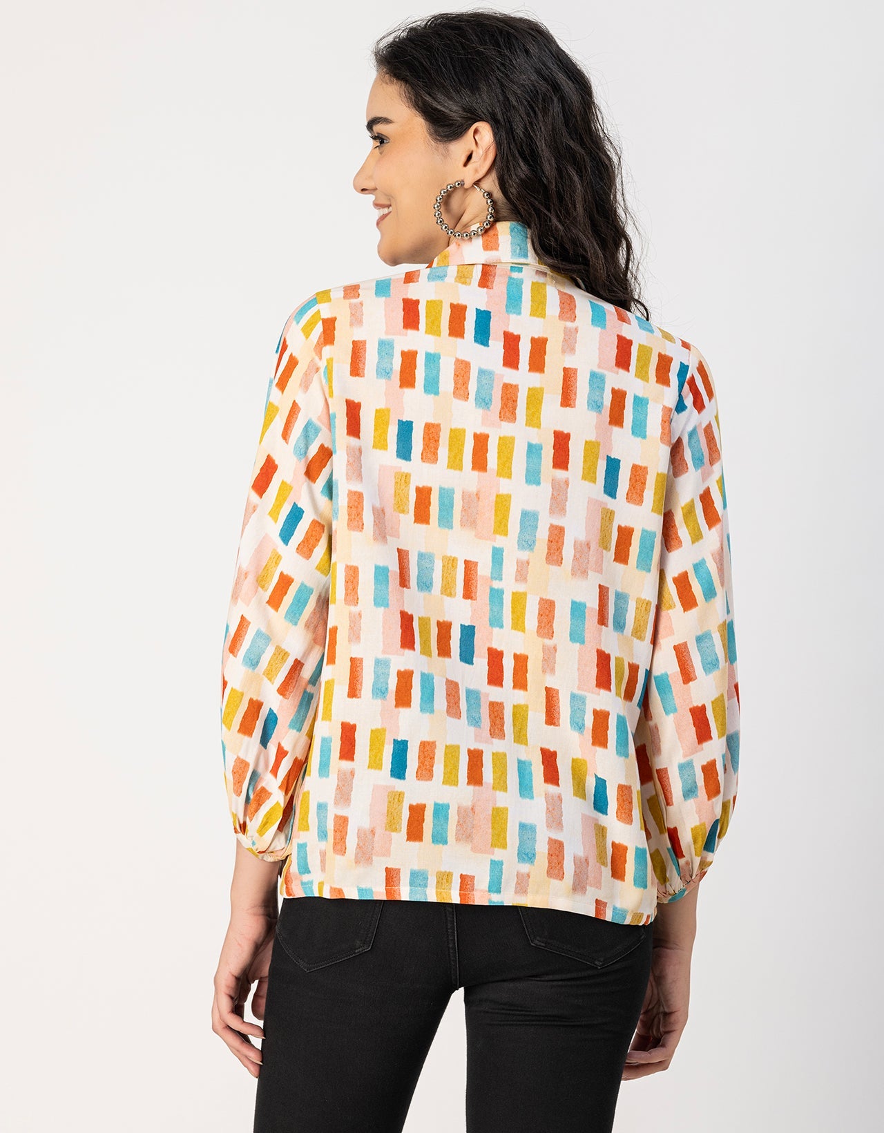 Bishop Sleeves Collar Printed Rayon Shirt