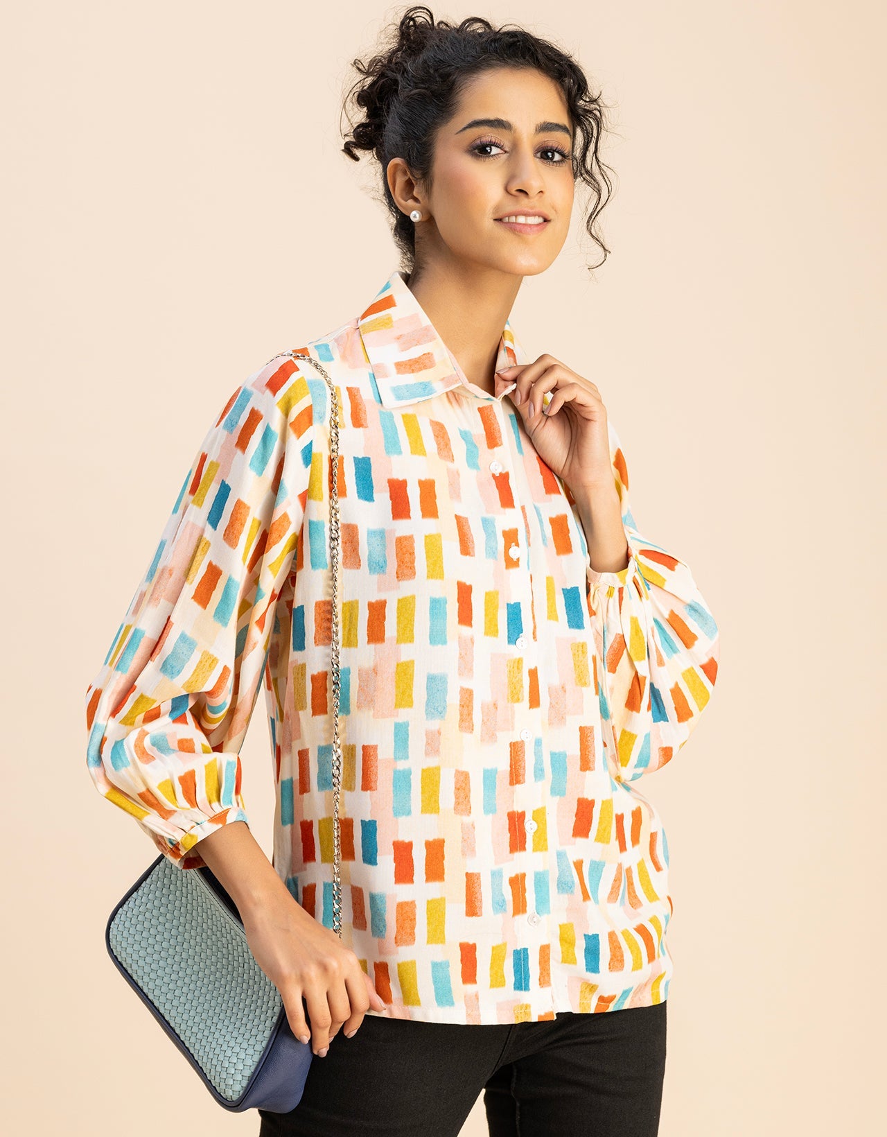 Bishop Sleeves Collar Printed Rayon Shirt