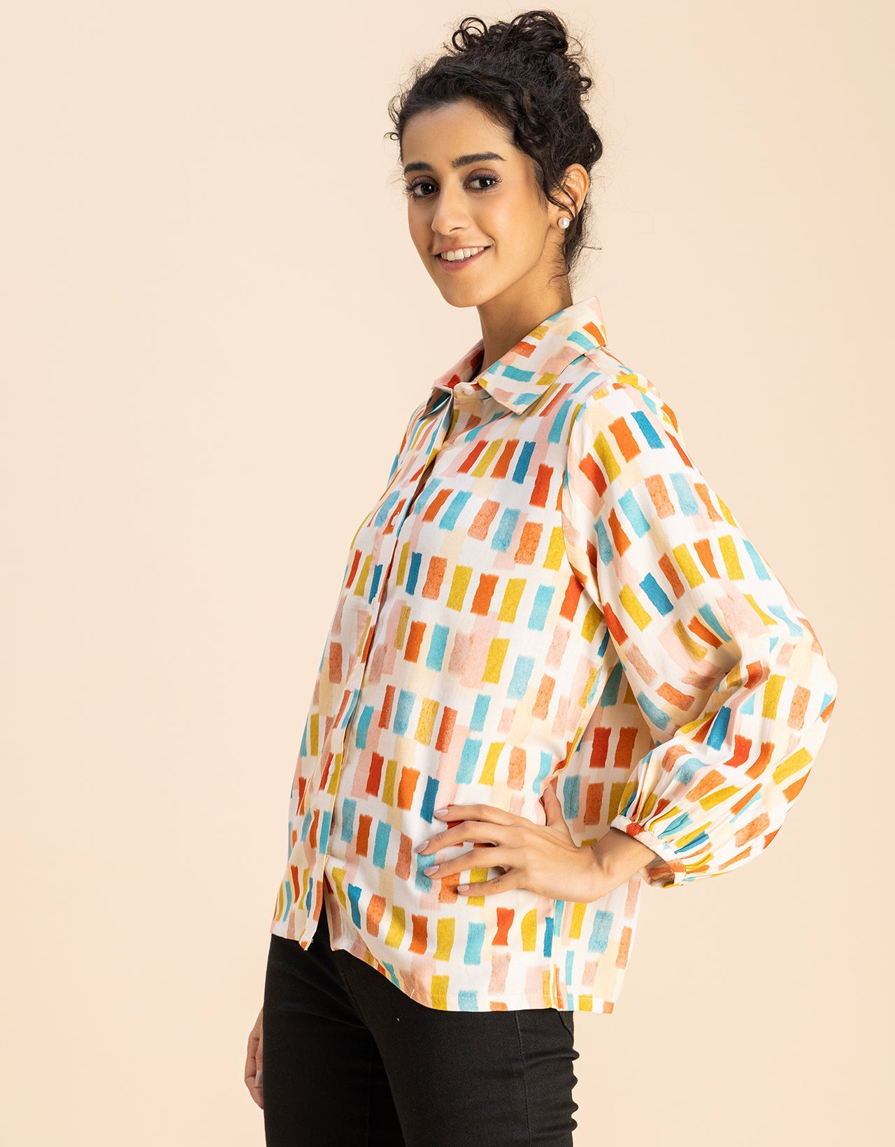 Bishop Sleeves Collar Printed Rayon Shirt