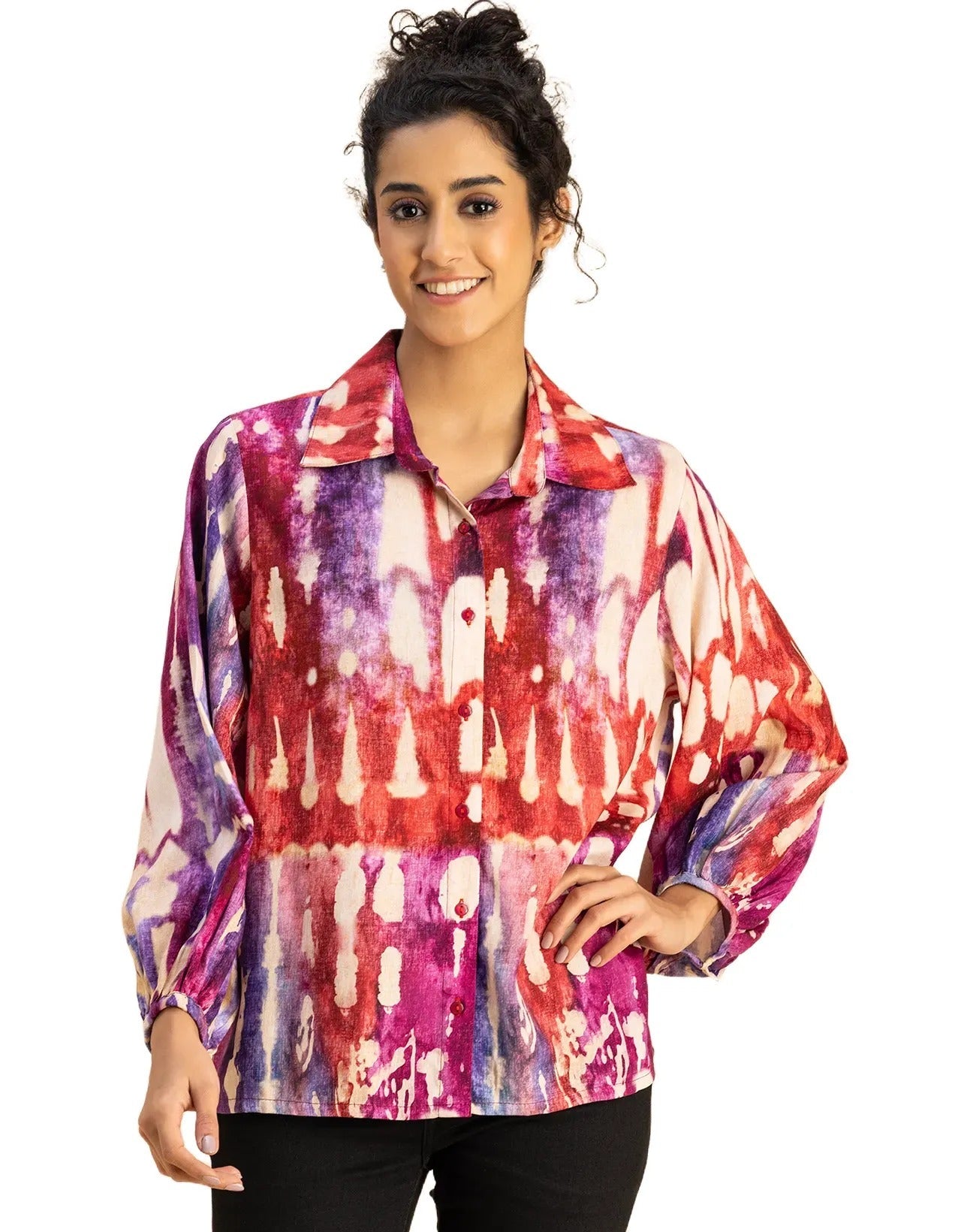 Bishop Sleeves Collar Printed Rayon Shirt