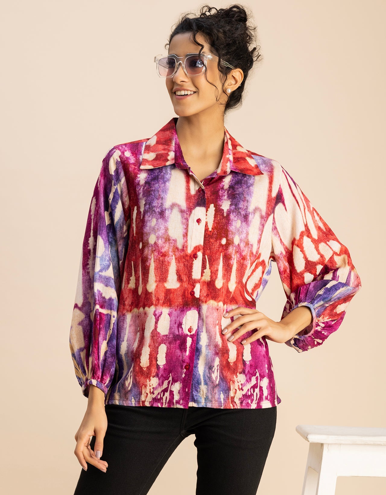 Bishop Sleeves Collar Printed Rayon Shirt