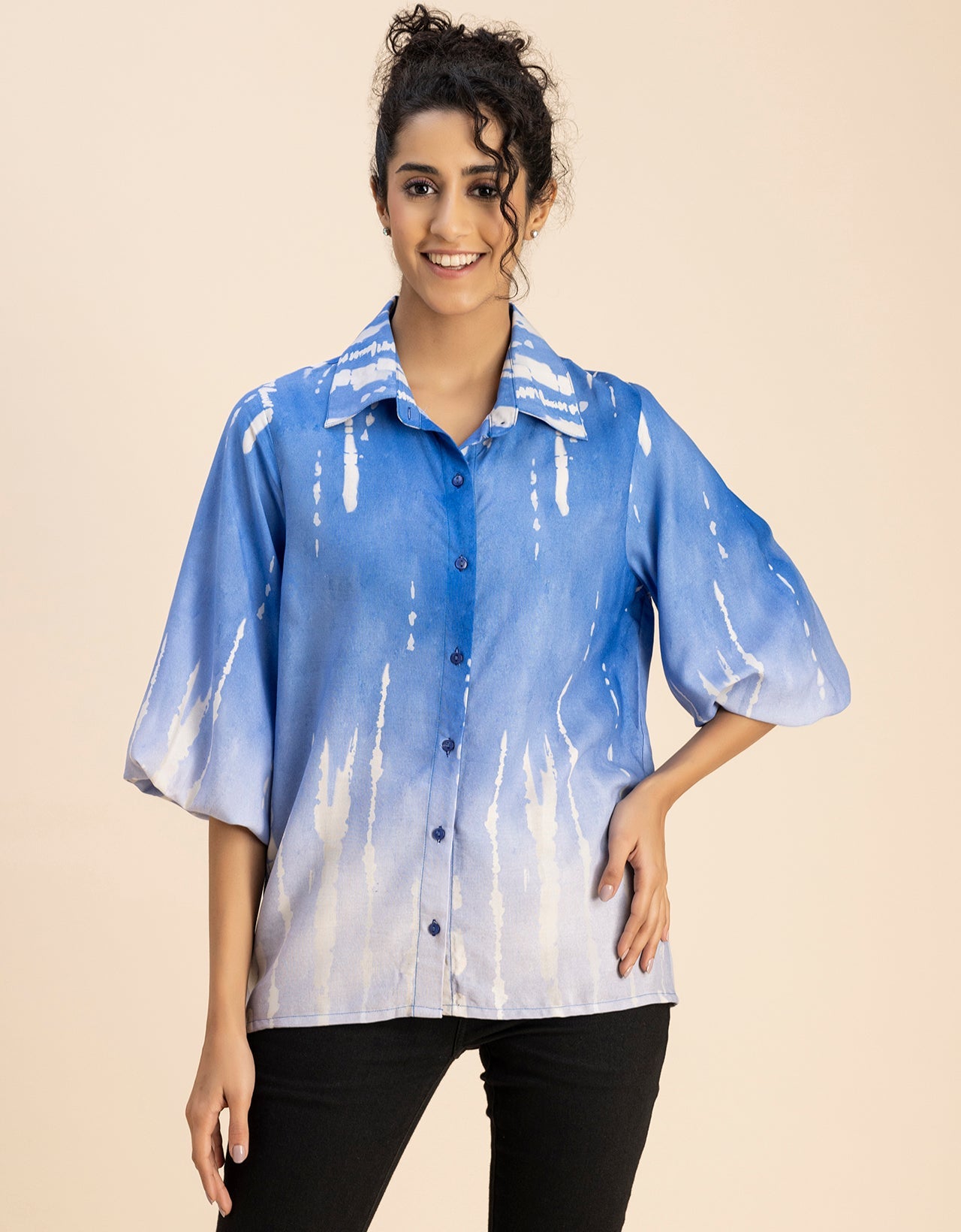 Bishop Sleeves Collar Printed Rayon Shirt