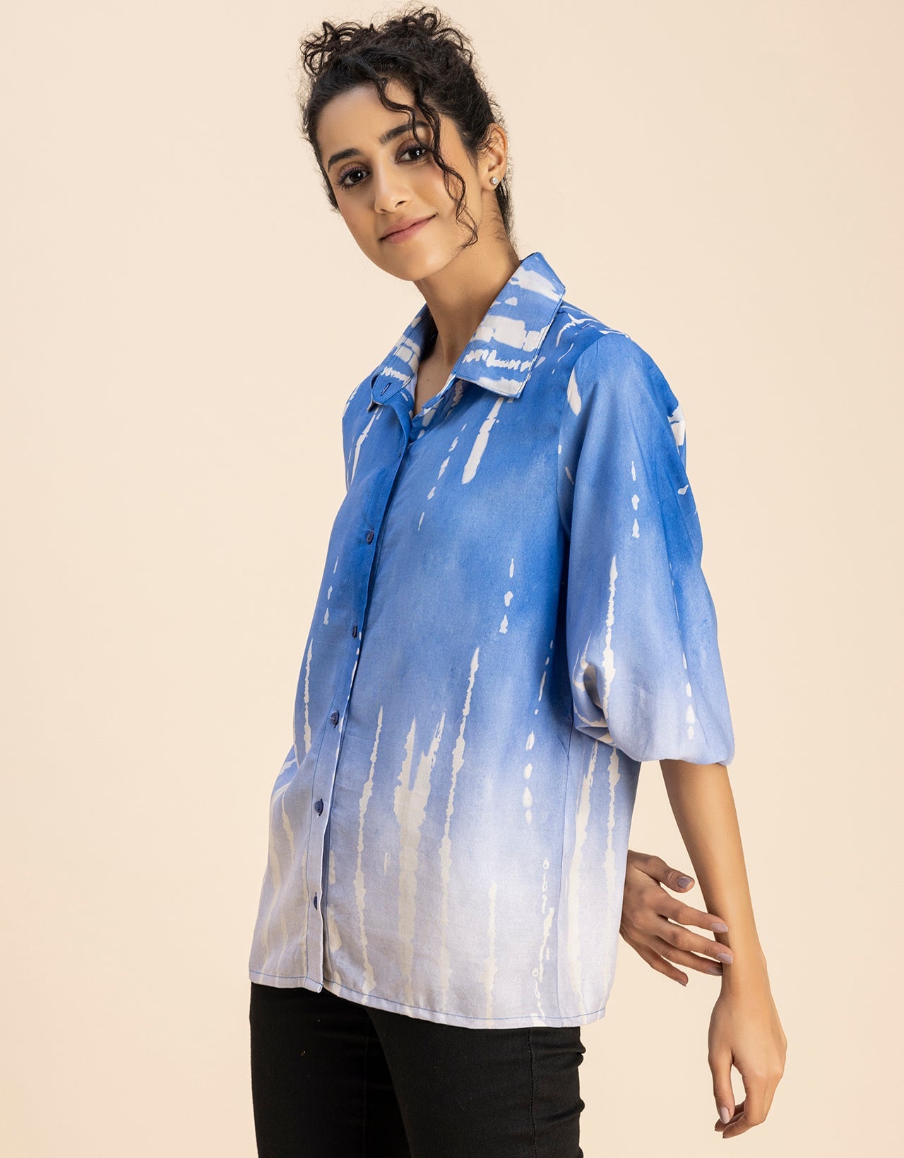 Bishop Sleeves Collar Printed Rayon Shirt
