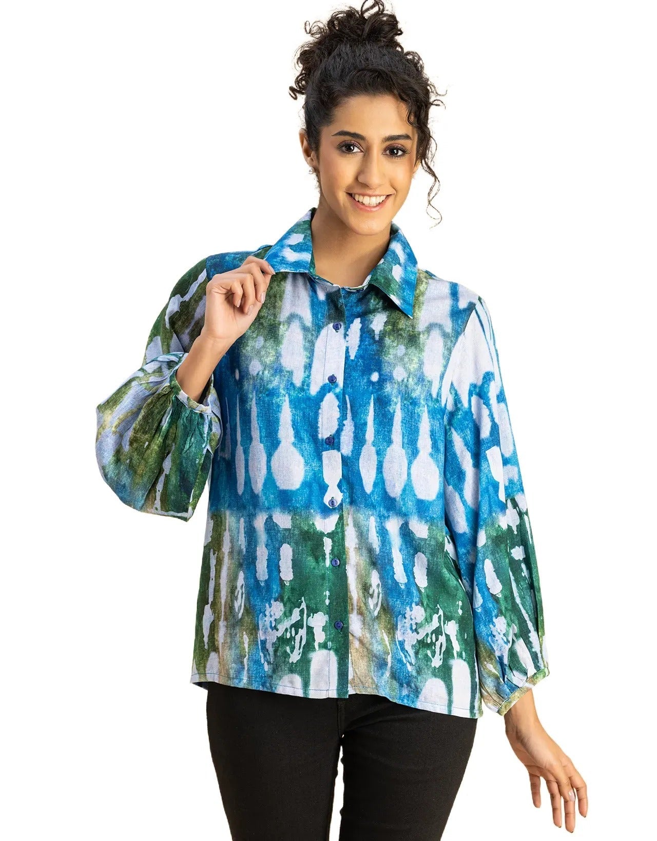 Bishop Sleeves Collar Printed Rayon Shirt