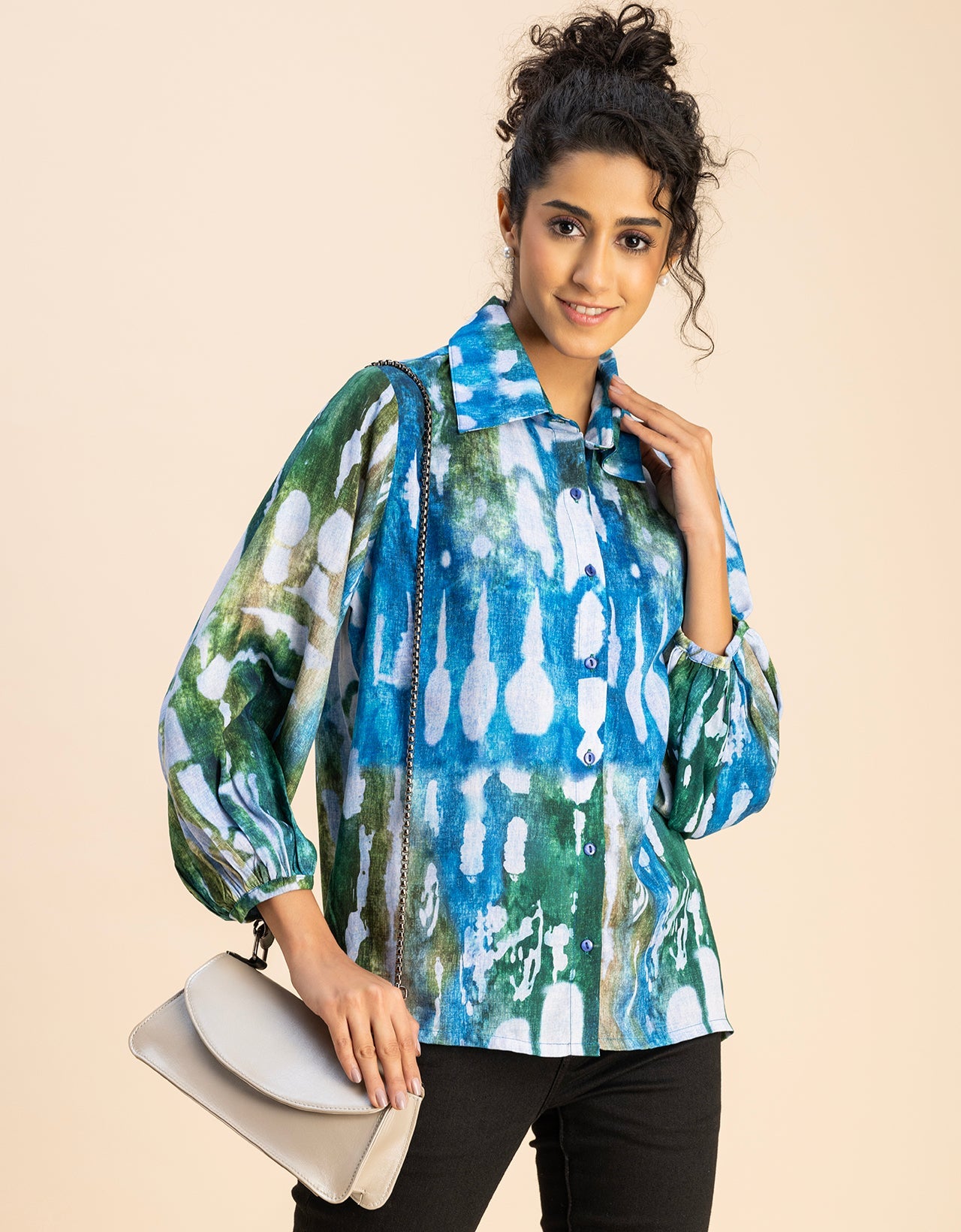 Bishop Sleeves Collar Printed Rayon Shirt