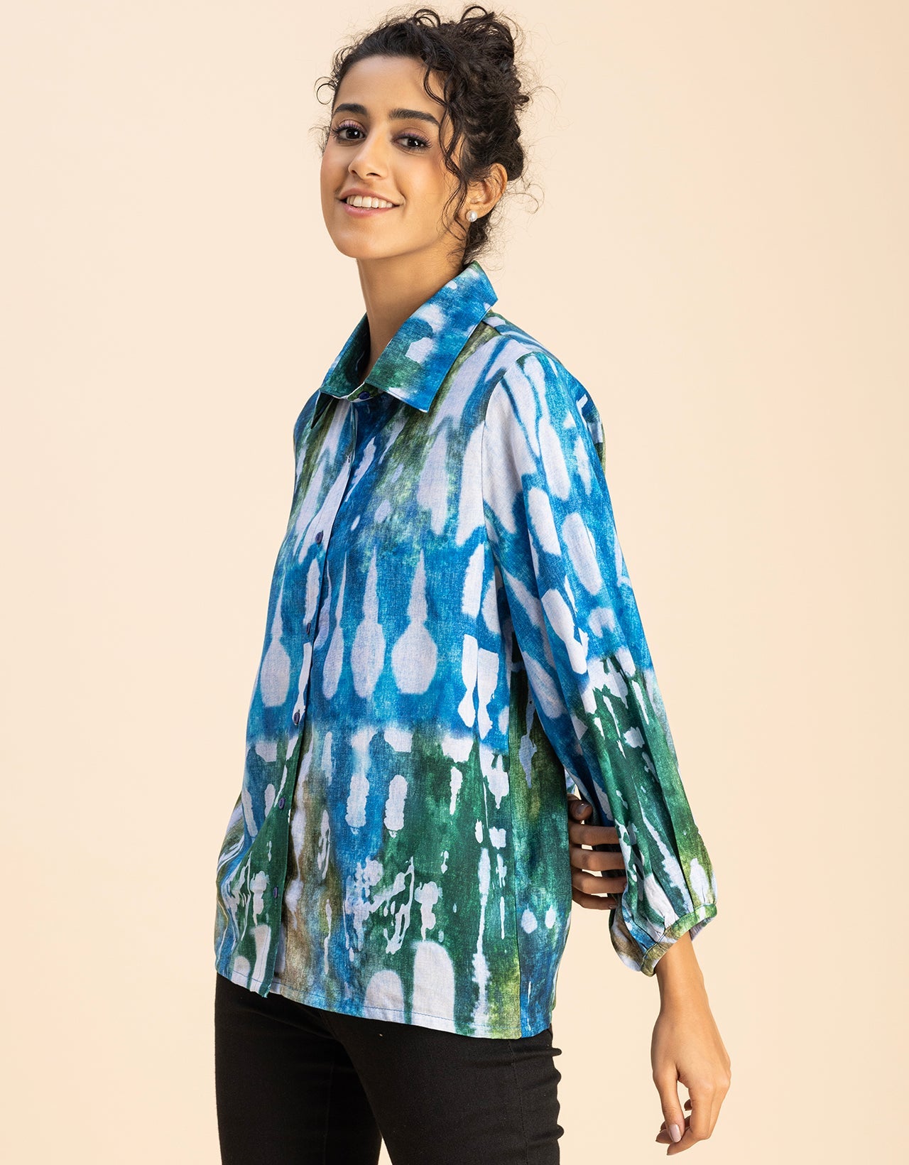 Bishop Sleeves Collar Printed Rayon Shirt